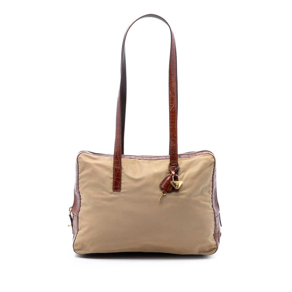 Croc Embossed Leather Trimmed Tessuto Shoulder Bag