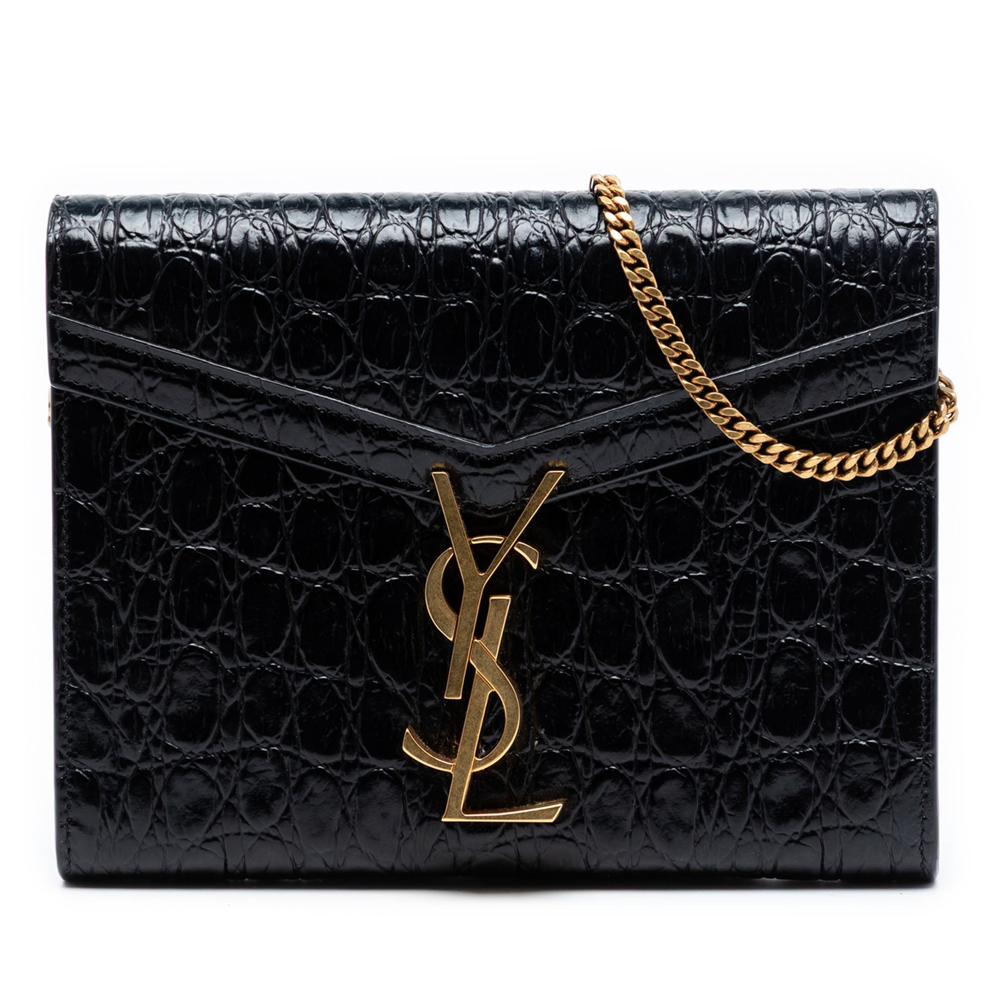 Shiny Croc Embossed Calfskin Monogram Cassandra Chain Wallet