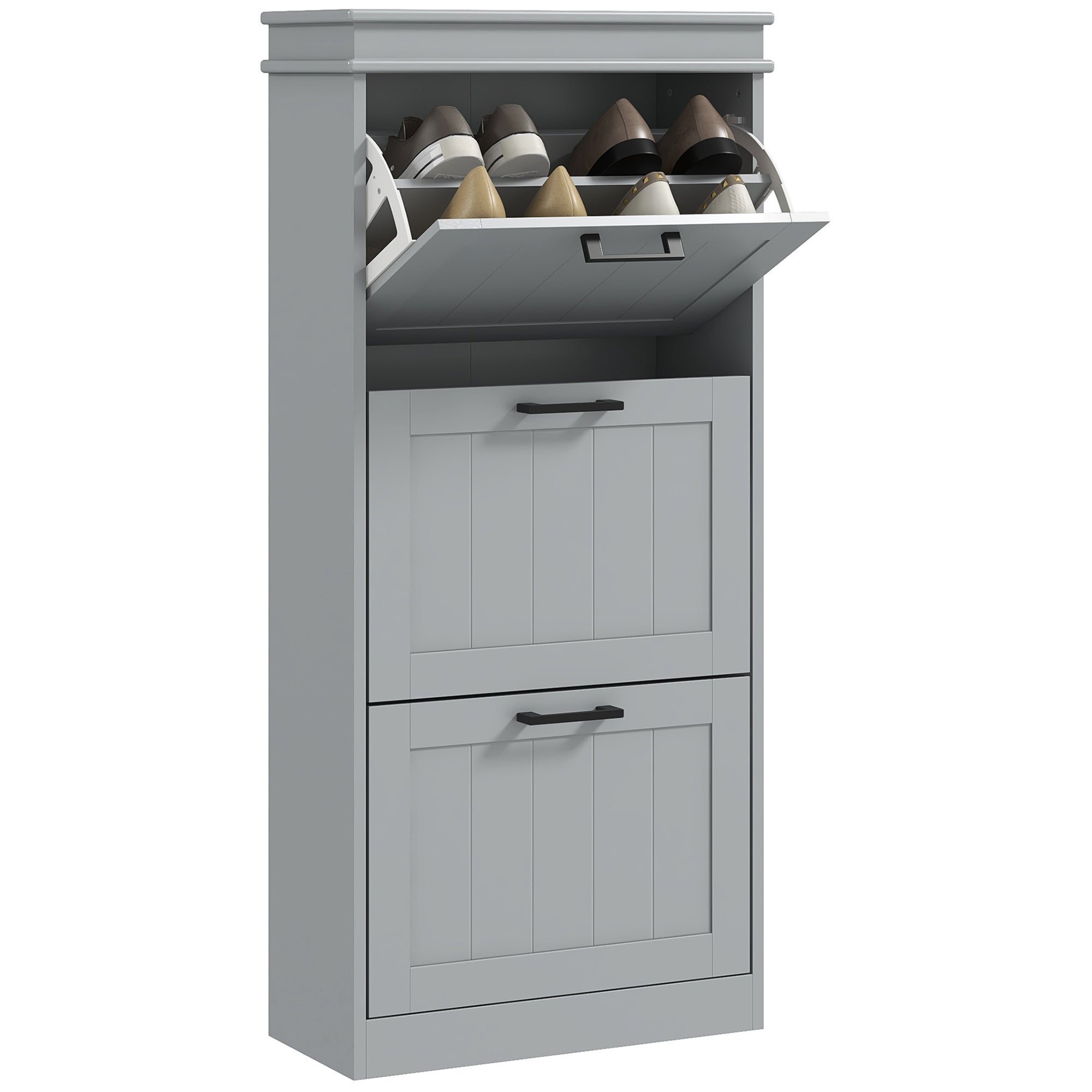 Slim Shoe Storage Cabinet with 3 Flip Drawers & Adjustable Shelves for 15 Pairs, Grey