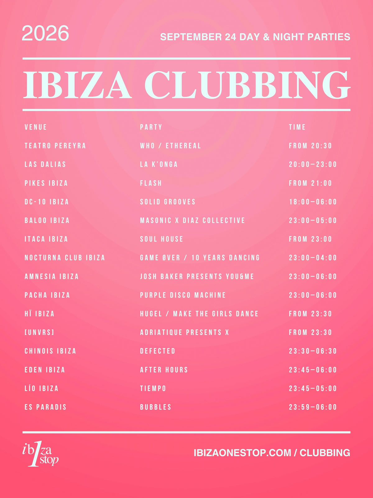 September 24, 2026 Ibiza Parties at UNVRS, Ushuaïa, Hï Ibiza, Pacha, Amnesia, DC-10, 528 Ibiza & More: Martin Garrix, Adriatique, HUGEL, Purple Disco Machine, Paul van Dyk & More