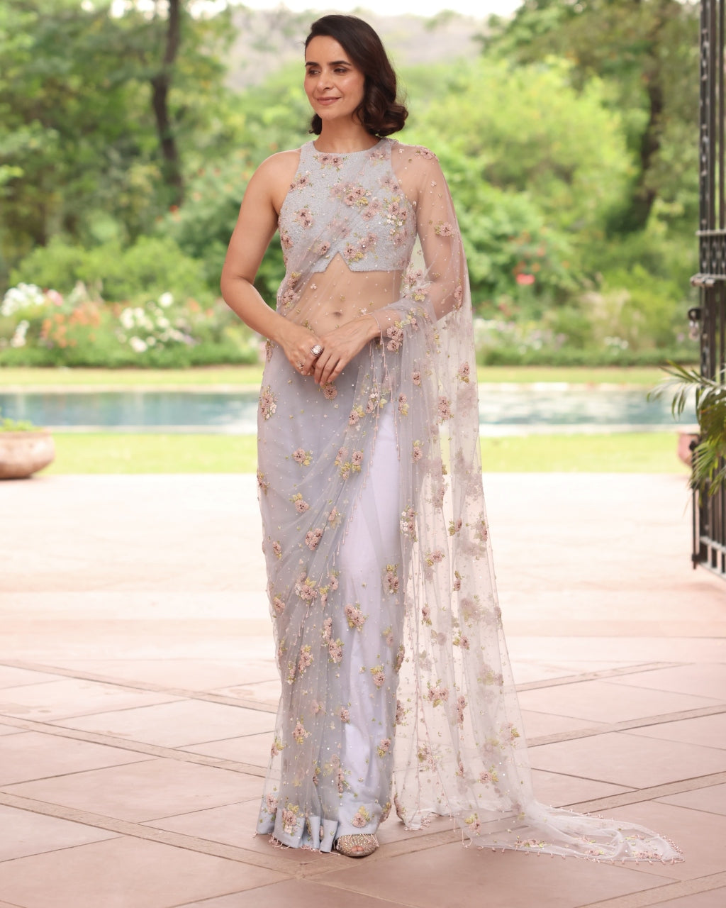 Ice Blue Crystal Garden Sari By KYNAH, Luxury Indian Fashion & Bridal Wear