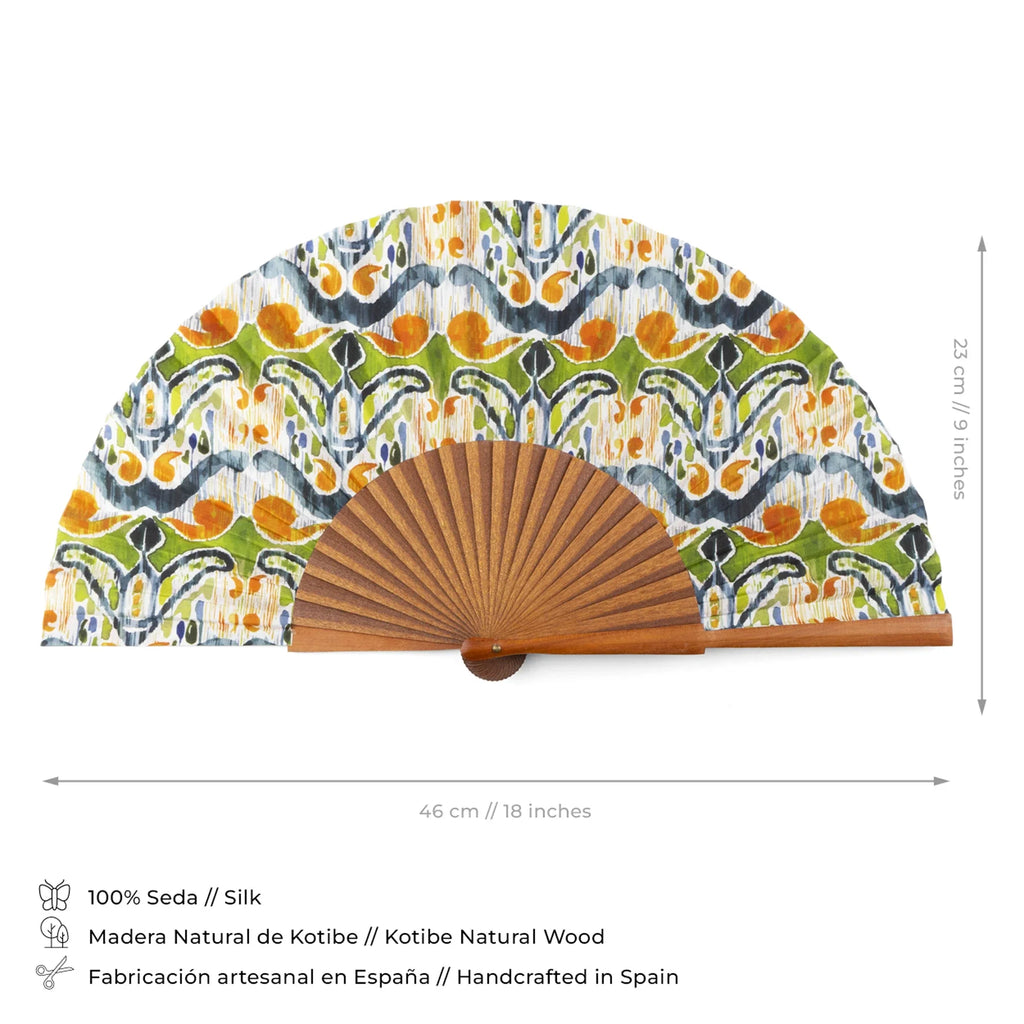 Handcrafted Silk Fan with Vibrant Ikat Pattern - Made in Spain