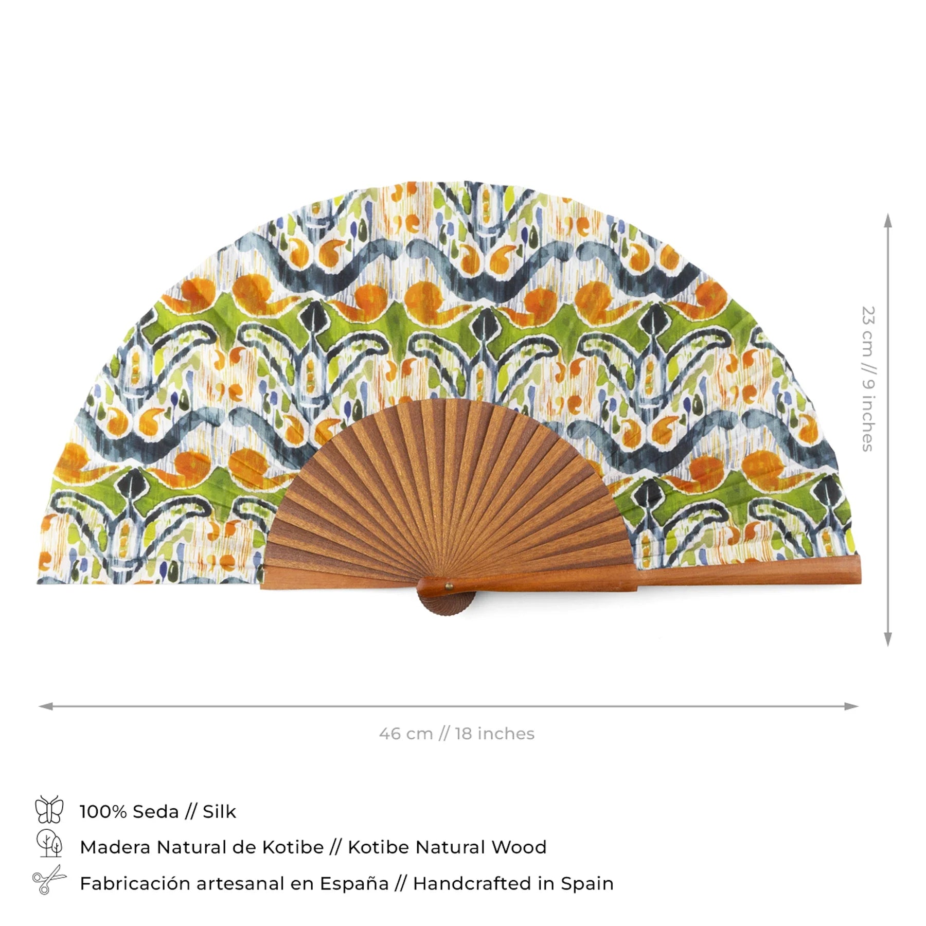 Handcrafted Silk Fan with Vibrant Ikat Pattern - Made in Spain
