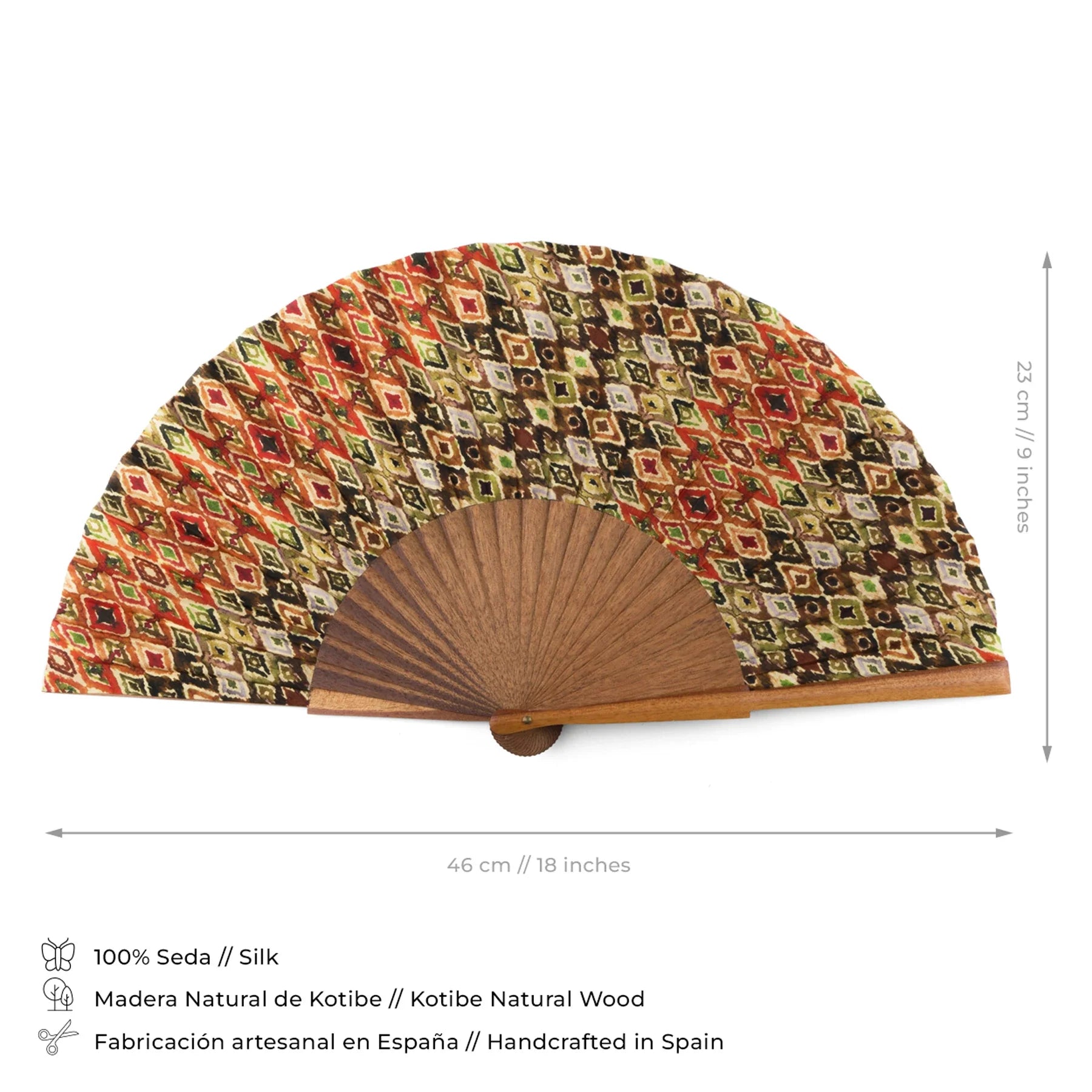 Silk Fan with Diamond Pattern – Handcrafted in Spain with Bocapi Wood