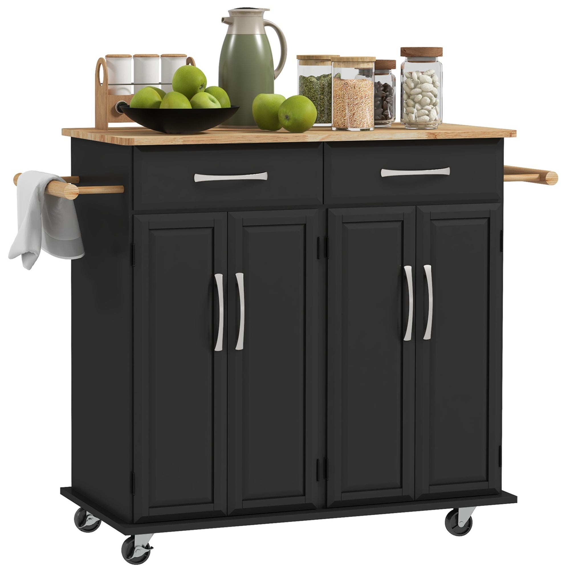 Rolling Kitchen Island with 2 Drawers and Rubberwood Top, Black