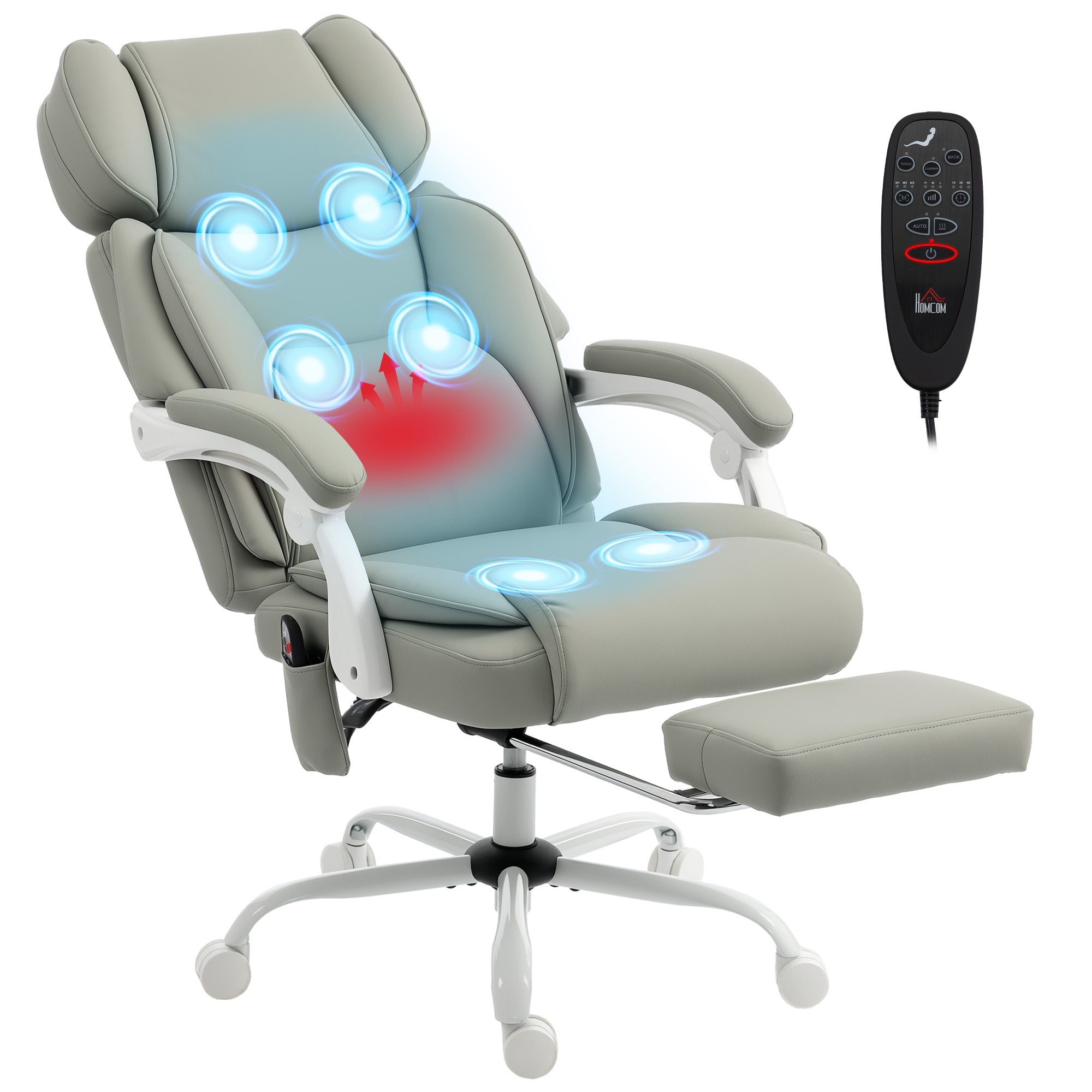 Adjustable High Back Heated Massage Office Chair with Footrest & Remote, Light Gray