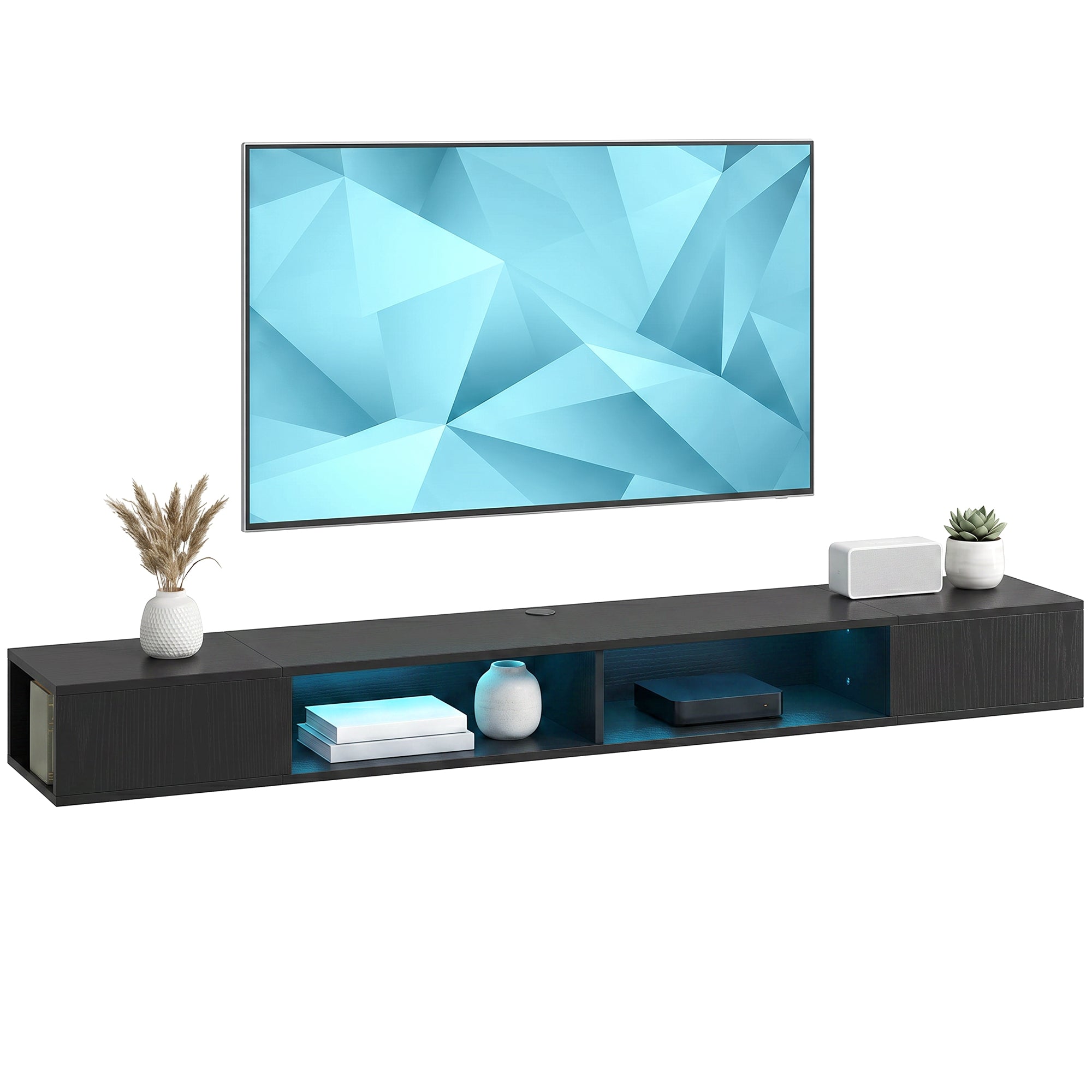 Wall-Mounted TV Stand for TVs up to 75 in with RGB LED Lights and Open Shelves, Black Wood Grain