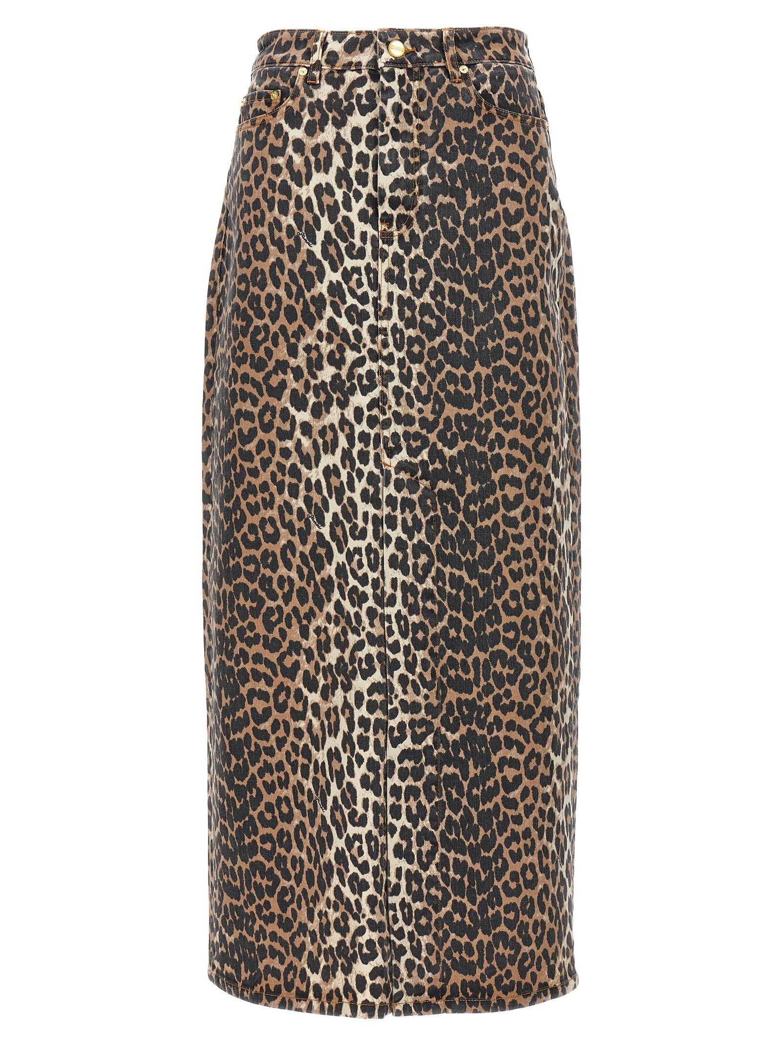 Ganni Leopard-Print Denim Skirt — Brown