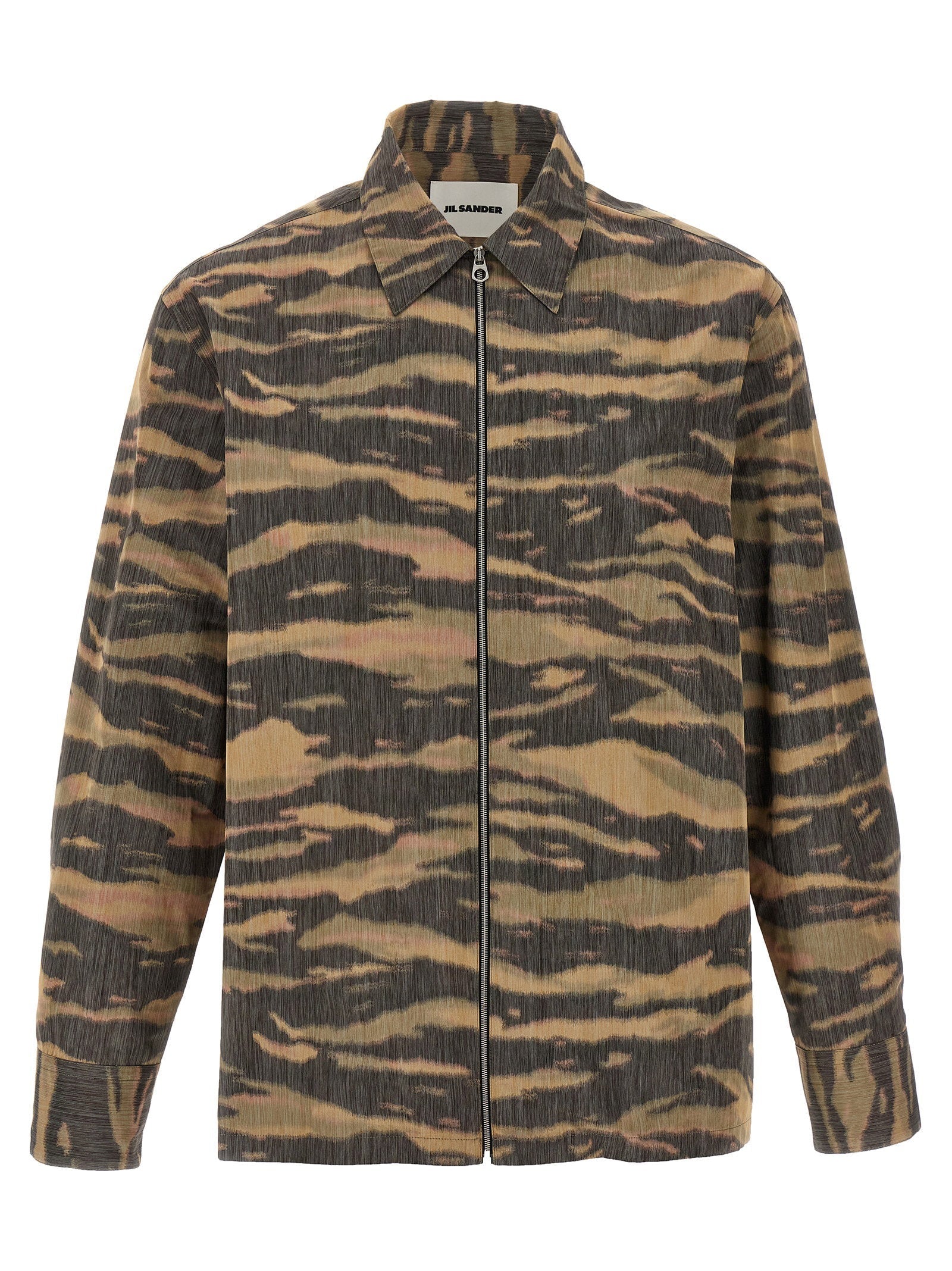 Jil Sander Camouflage-Print Technical Silk Shirt — Beige