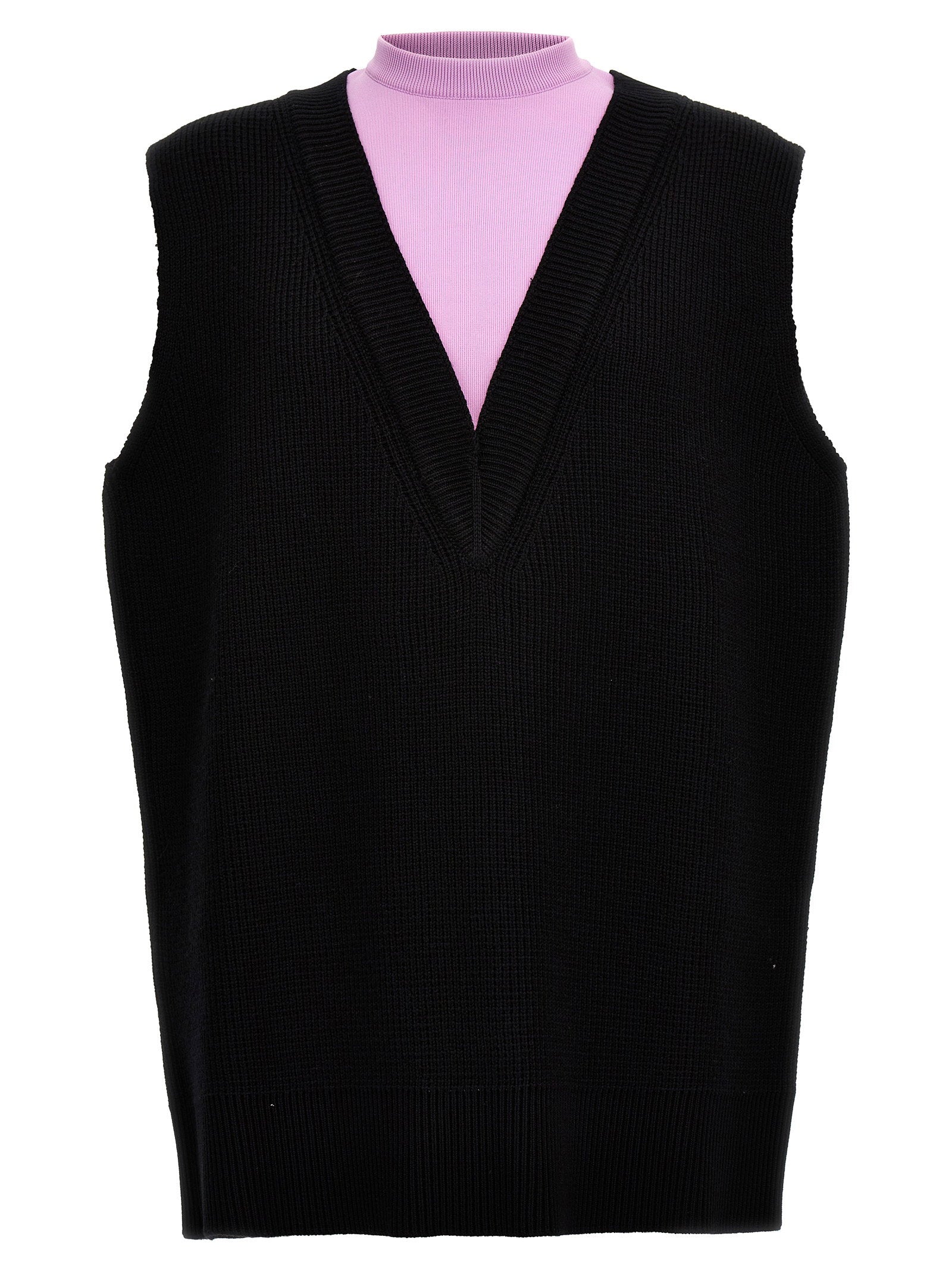 Jil Sander Wool Blend Knit with Contrast Neck Insert Vest — Black