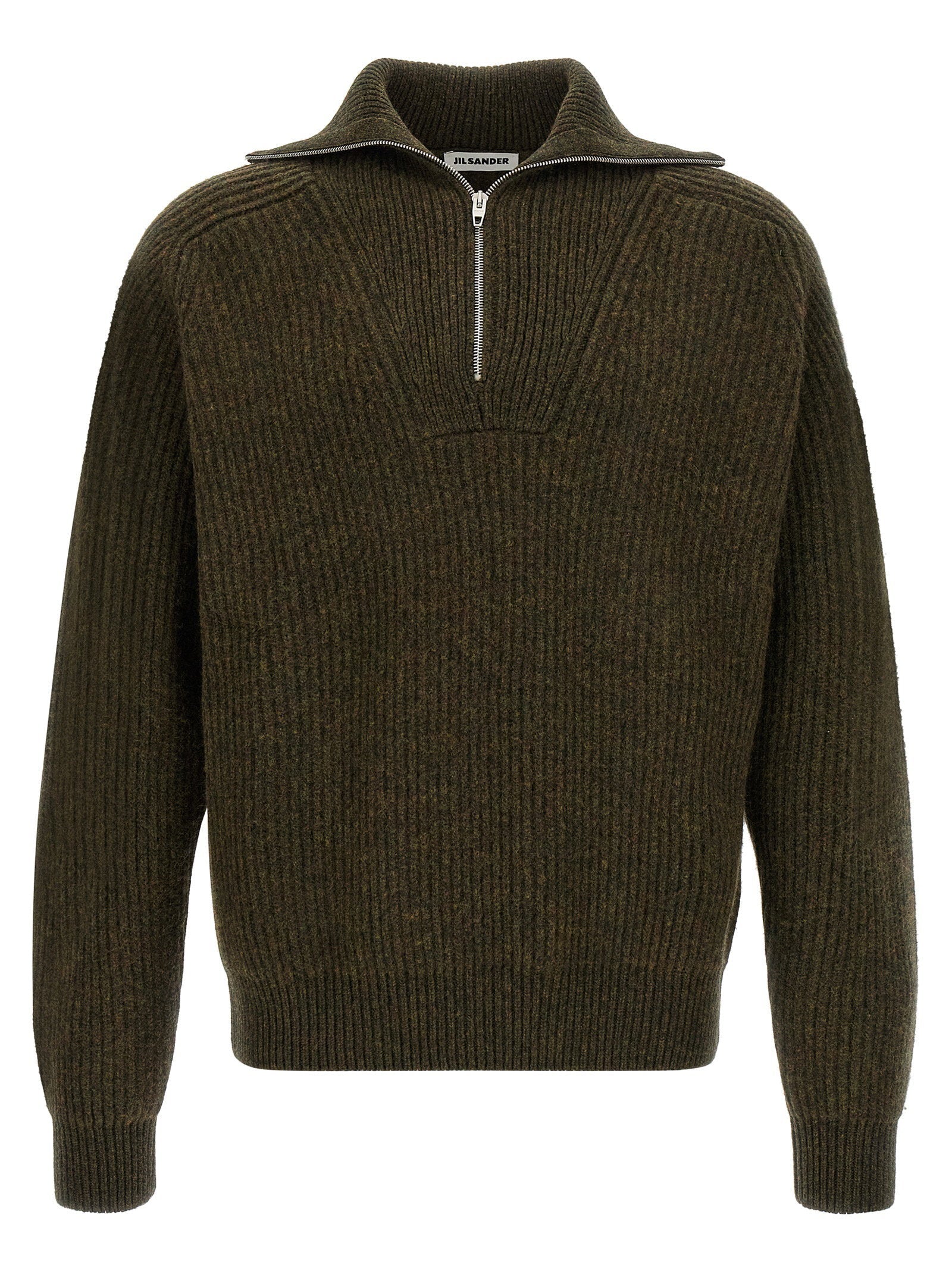 Jil Sander Ribbed Wool Half-Zip Sweater — olive