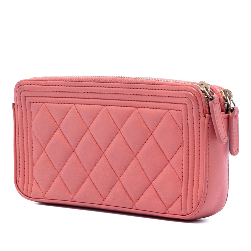 Quilted Caviar Boy Double Zip Clutch With Chain