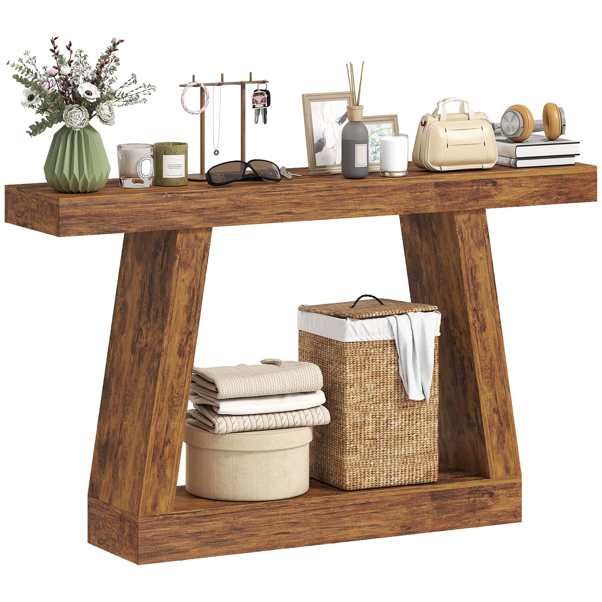 55" Farmhouse Console Table with 2-Tier Storage and Thickened Top, Dark Brown
