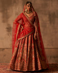 Devika Red Raw Silk Double Dupatta Lehenga Set By KYNAH, Luxury Indian Fashion & Bridal Wear