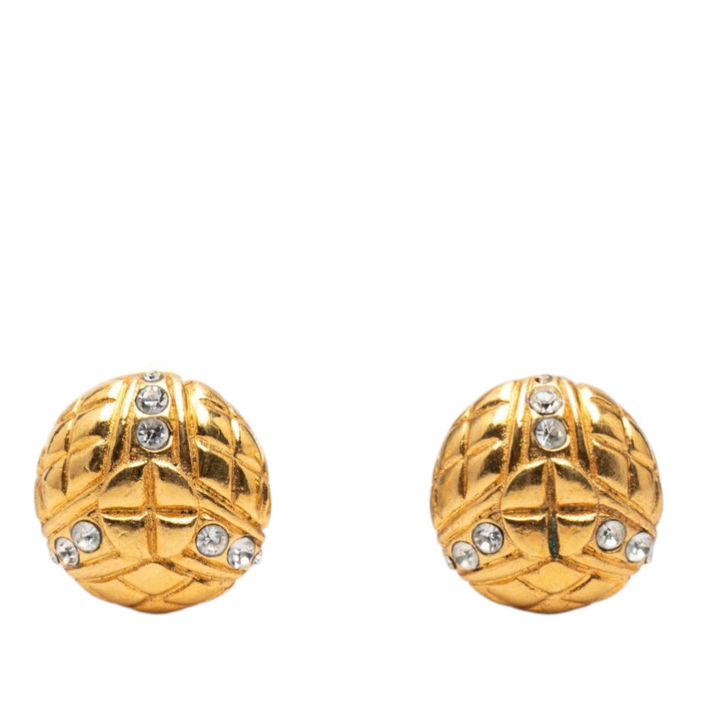 Gold Plated Rhinestone Quilted Round Clip On Earrings