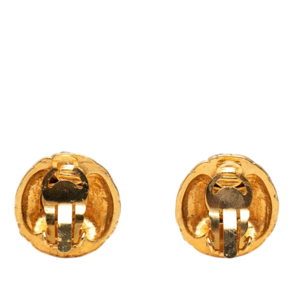 Gold Plated Rhinestone Quilted Round Clip On Earrings