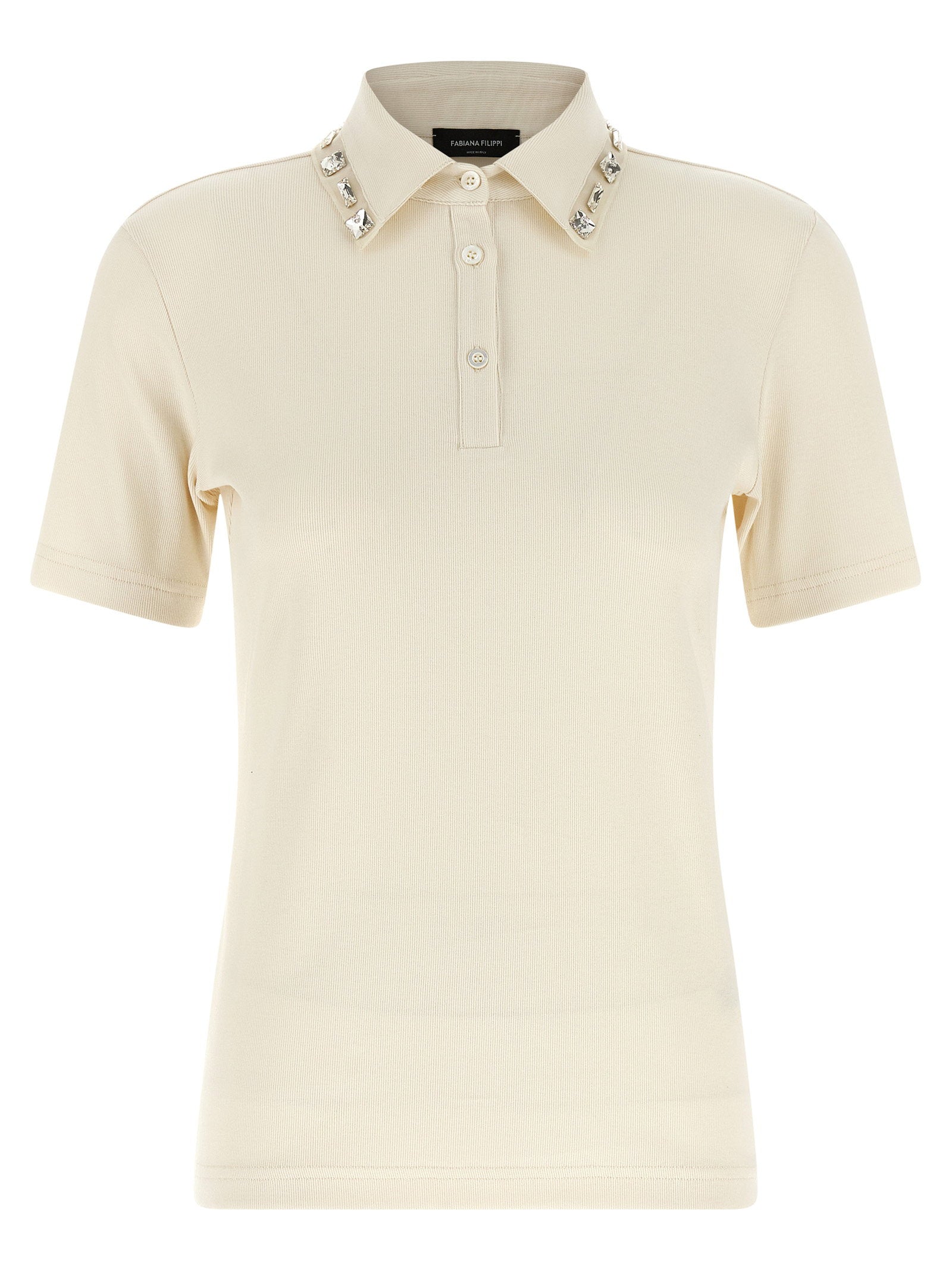 Fabiana Filippi Crystal-Embellished Collar Polo Shirt — Cream
