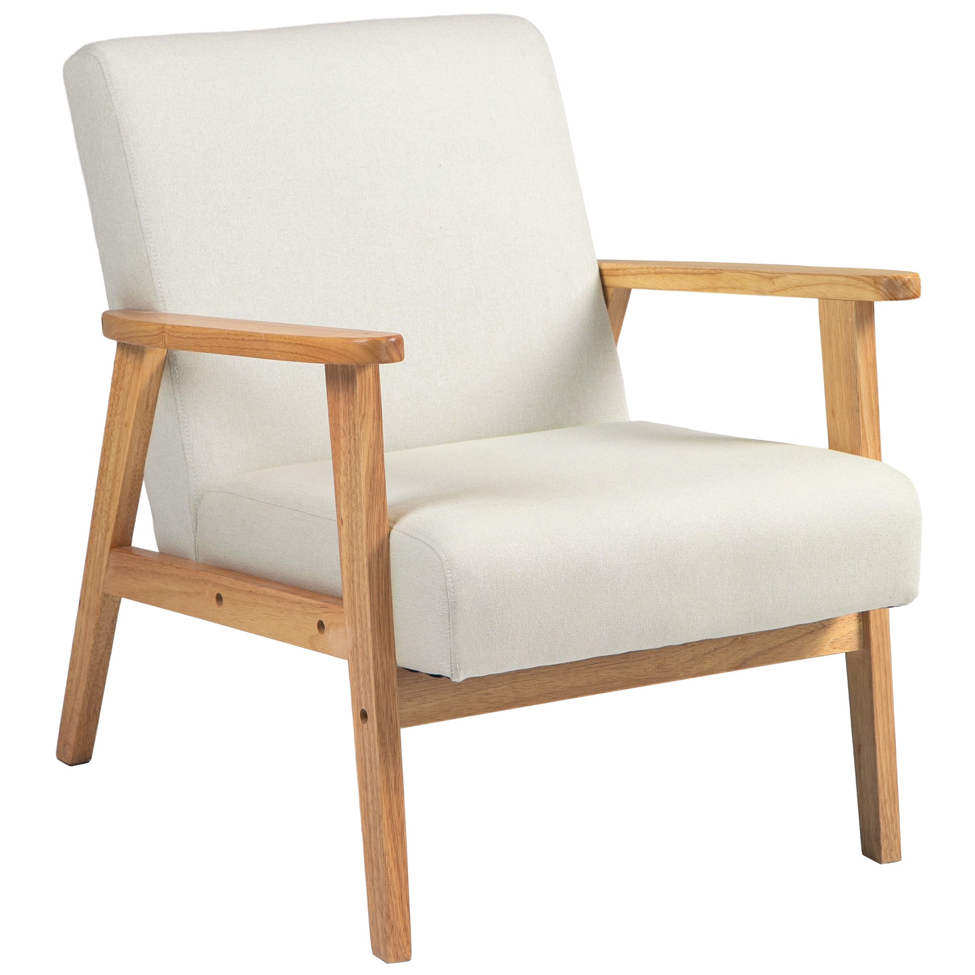 Mid-Century Fabric Armchair with Wood Legs  and Padded Cushion, Cream White