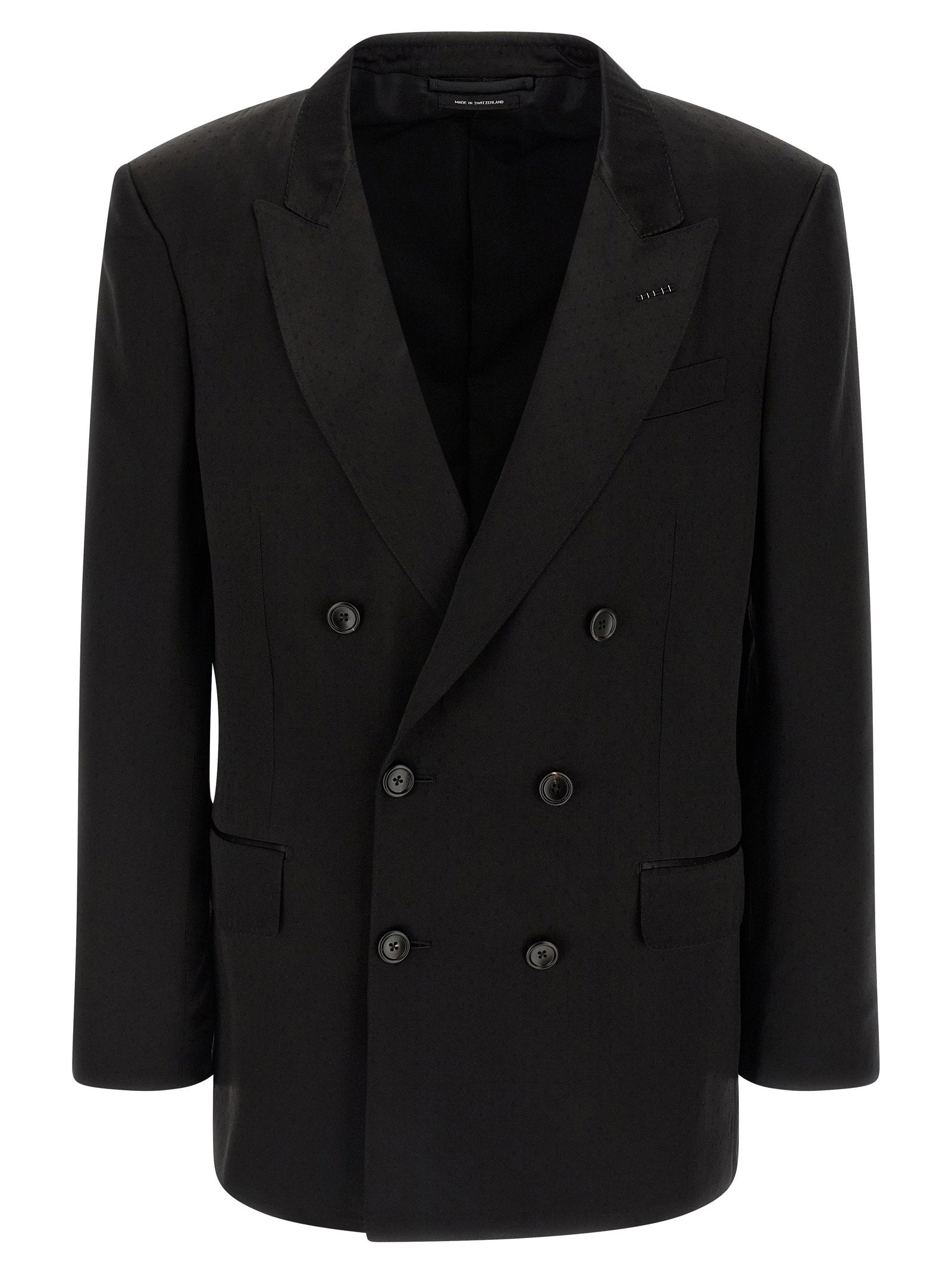Tom Ford Double-Breasted Tone-on-Tone Polka Dot Blazer — Black