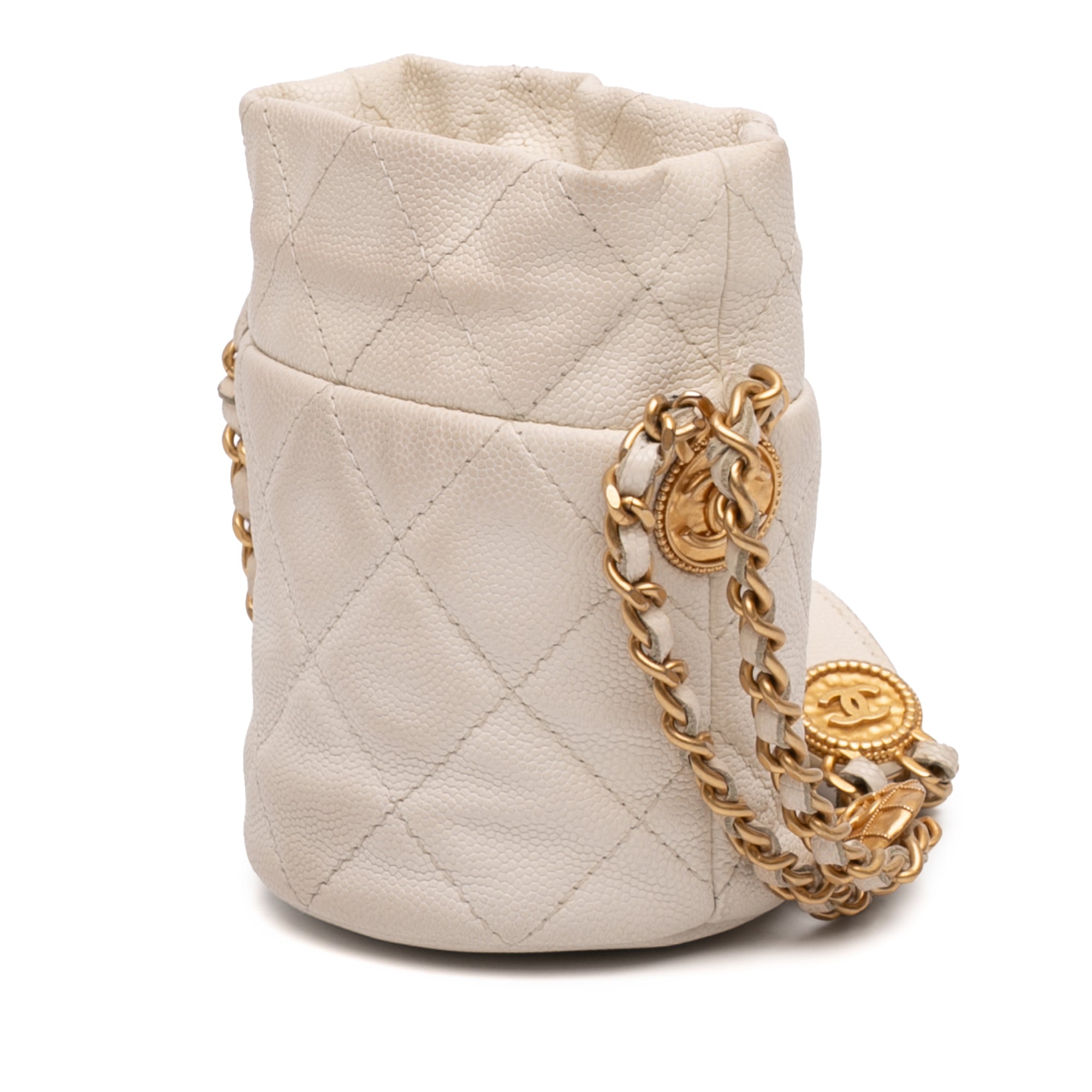 Mini Quilted Caviar Twist Your Buttons Drawstring Bucket Bag