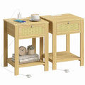 End Table Set of 2 with Charging Station & Drawer, Rattan-Front Open Shelf, Modern Farmhouse Style for Living Room
