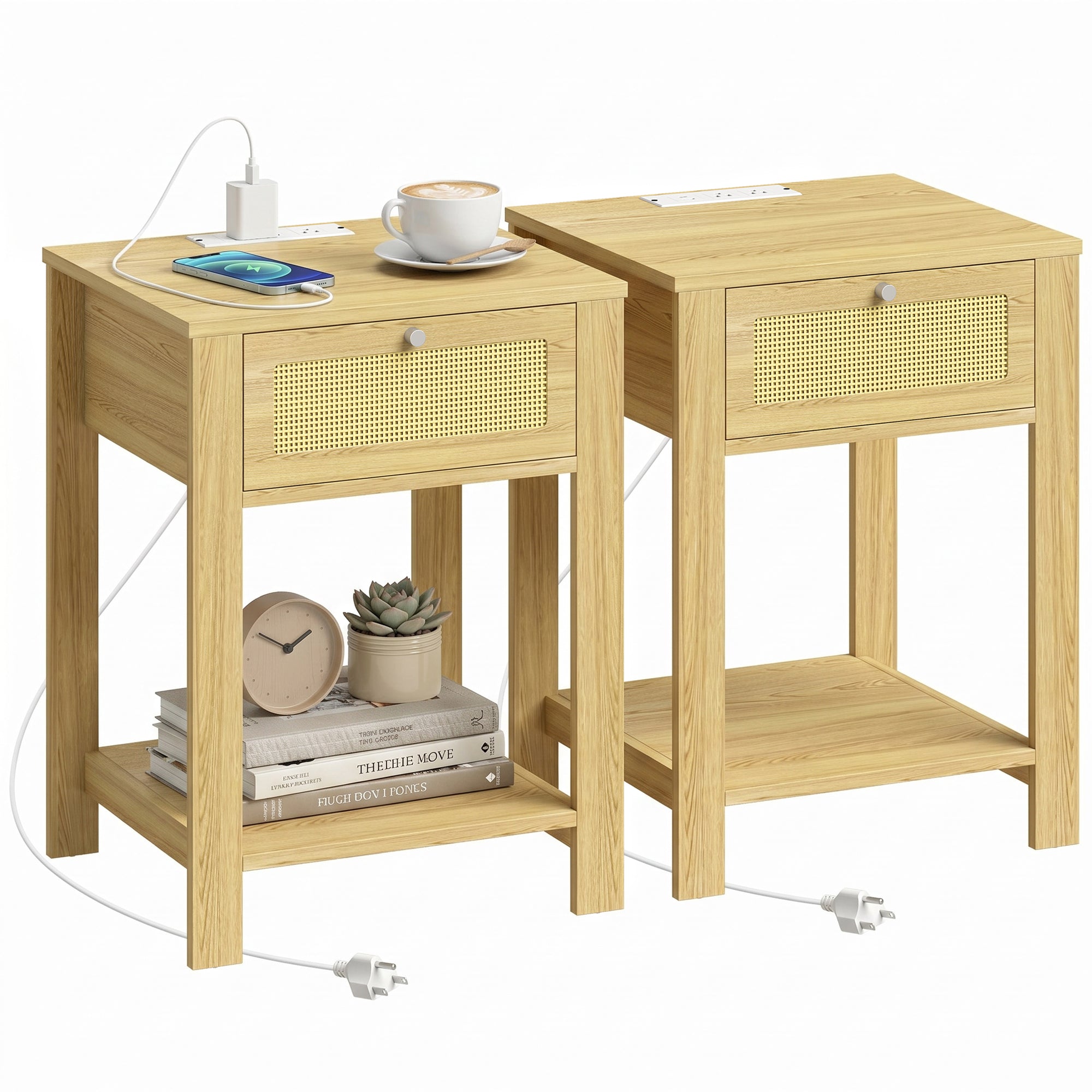 End Table Set of 2 with Charging Station & Drawer, Rattan-Front Open Shelf, Modern Farmhouse Style for Living Room