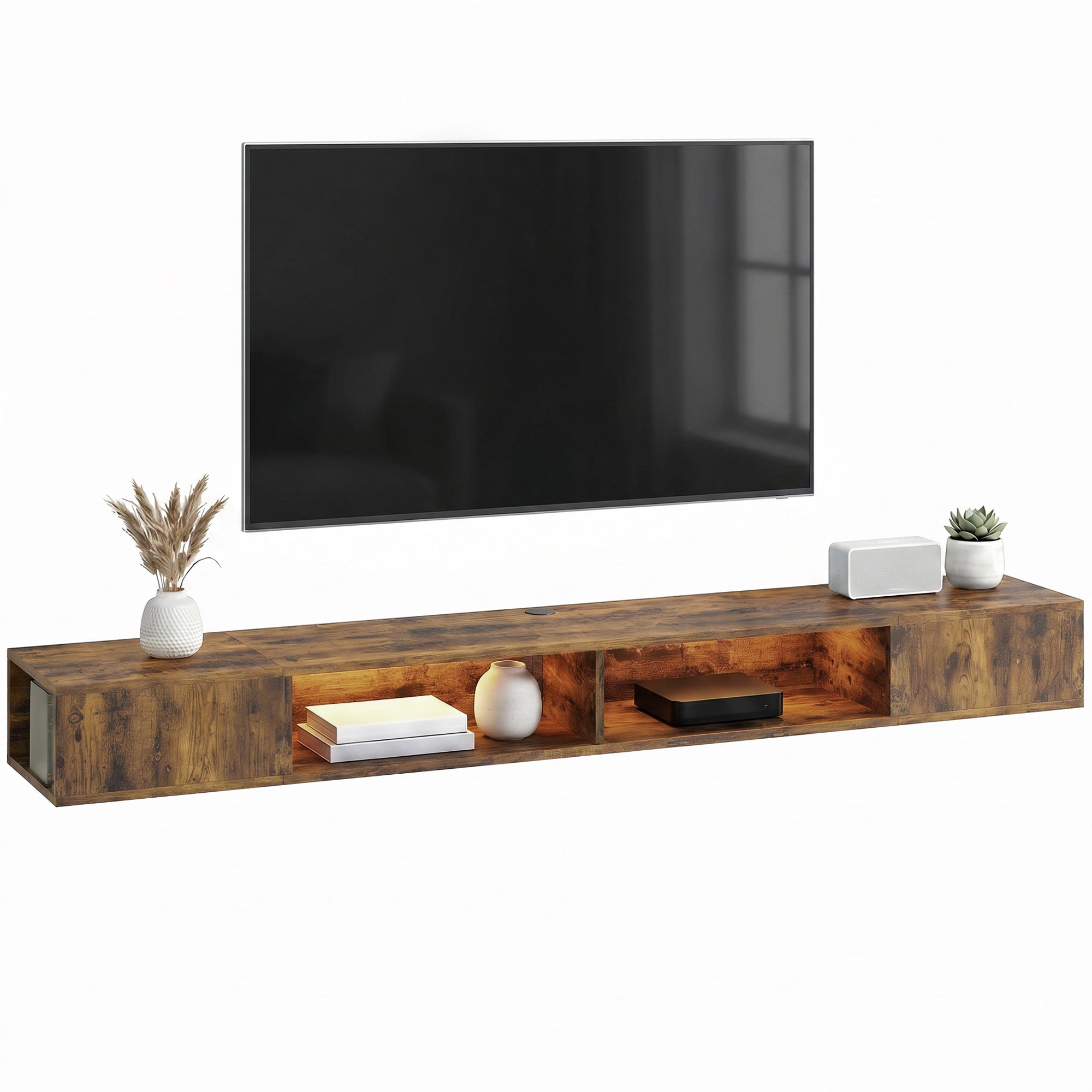 Wall-Mounted TV Stand for TVs up to 75 Inch with RGB LED Lights & 4 Open Shelves, Rustic Brown
