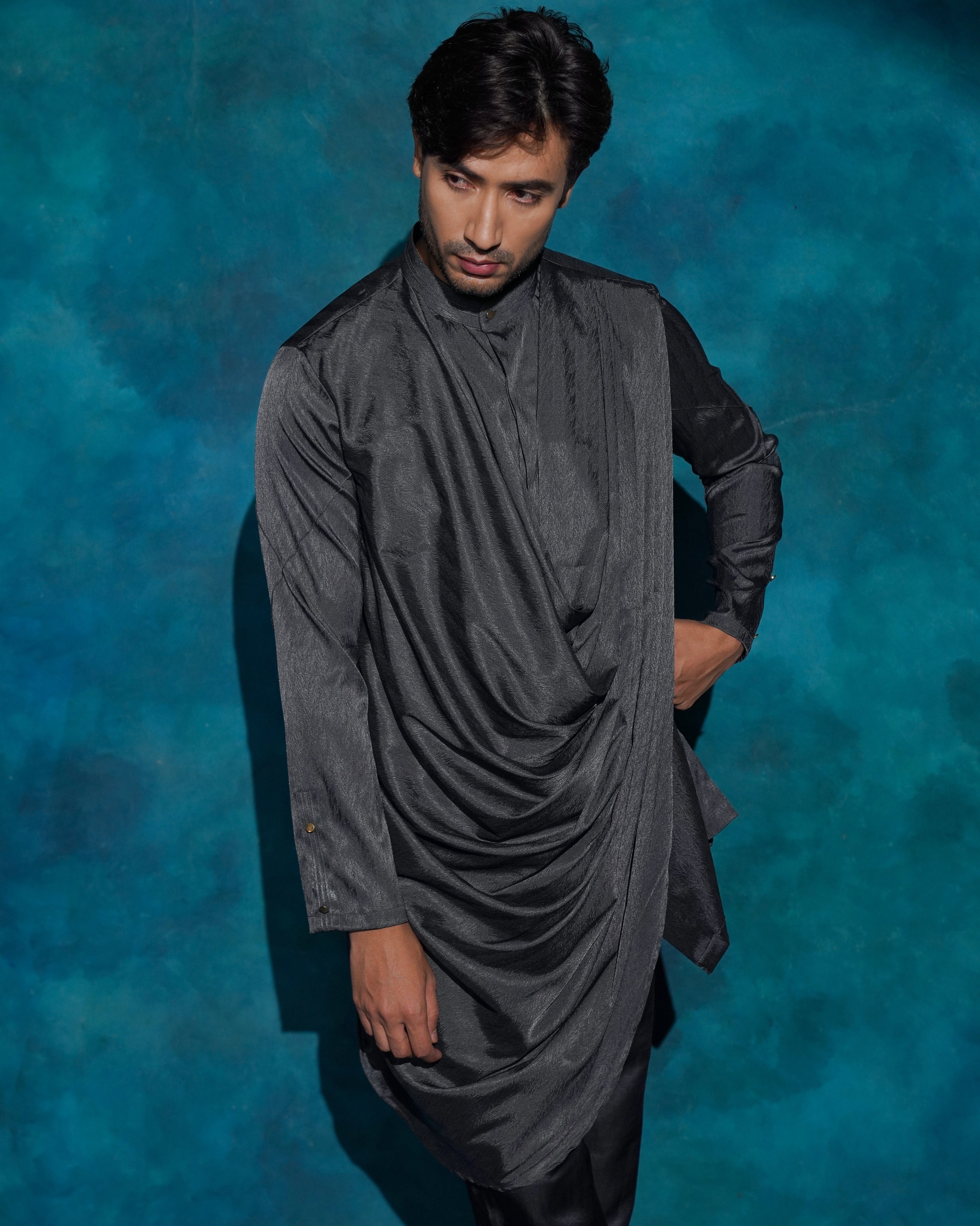 Charcoal Gray Long Cowl Set By KYNAH, Luxury Indian Fashion & Bridal Wear