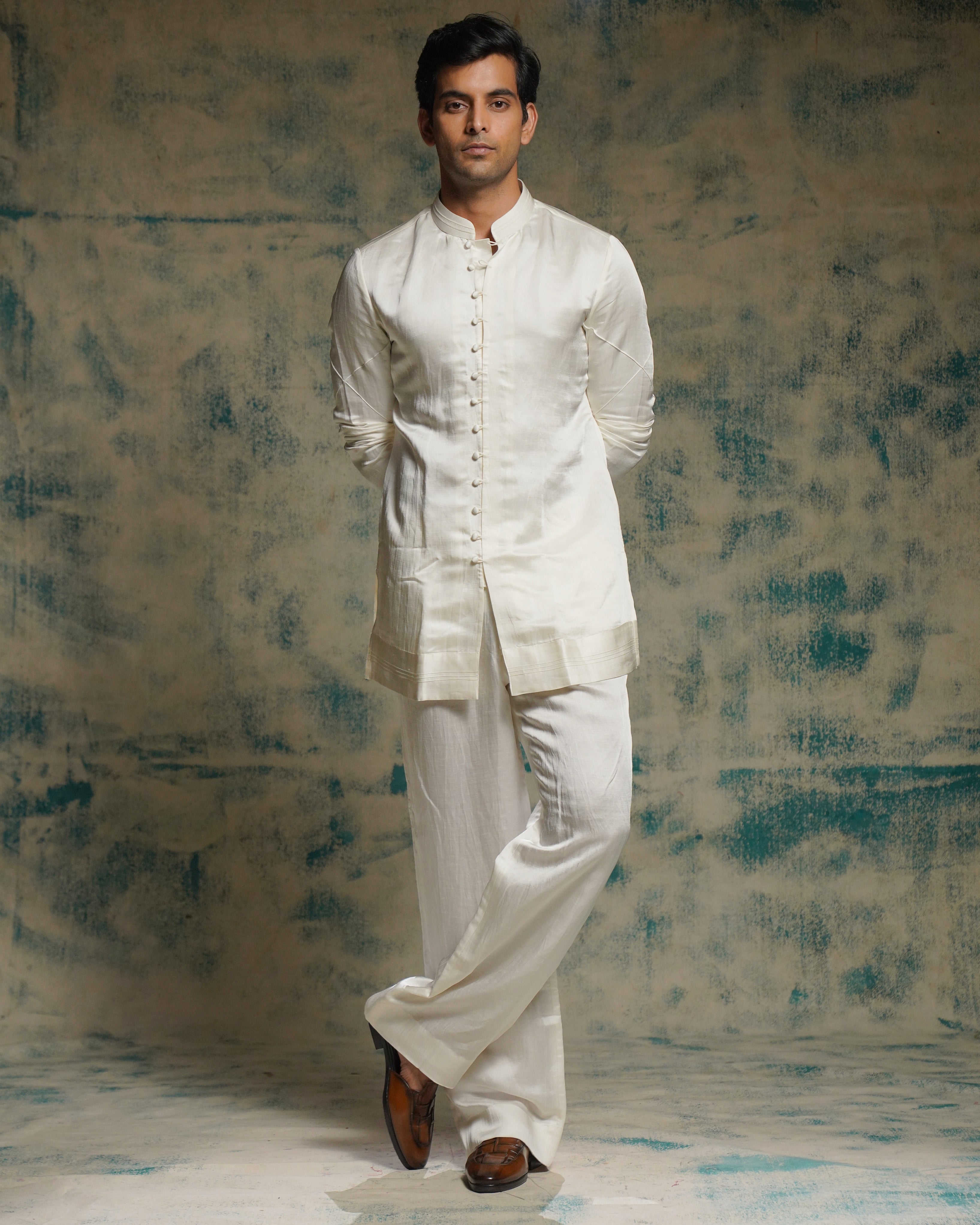 Ivory Poli Button Kurta Set By KYNAH, Luxury Indian Fashion & Bridal Wear