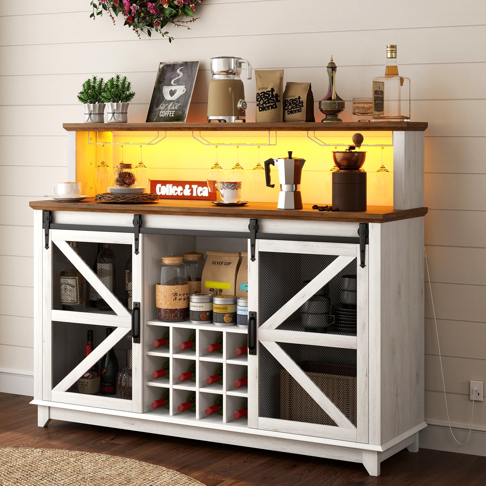 55" Coffee Bar Cabinet with Lights, Farmhouse Wine Cabinet with Glass Racks, White