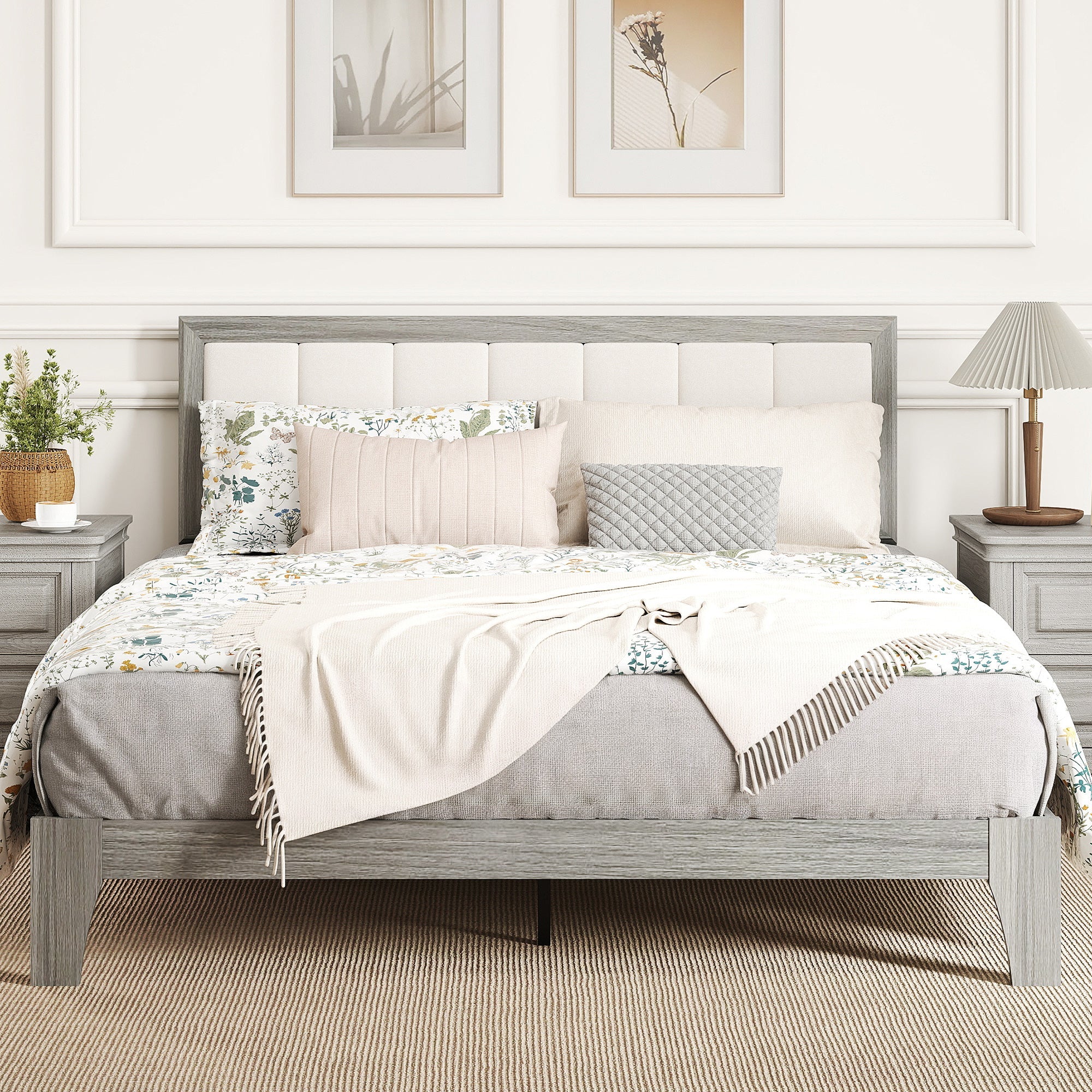 Queen Size Bed Frame with Upholstered Headboard, No Box Spring Needed, Easy Assembly, Gray