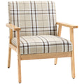 Linen Fabric One Seater Sofa with Rubber Wood Frame, Armrests, Lattice Pattern, Beige
