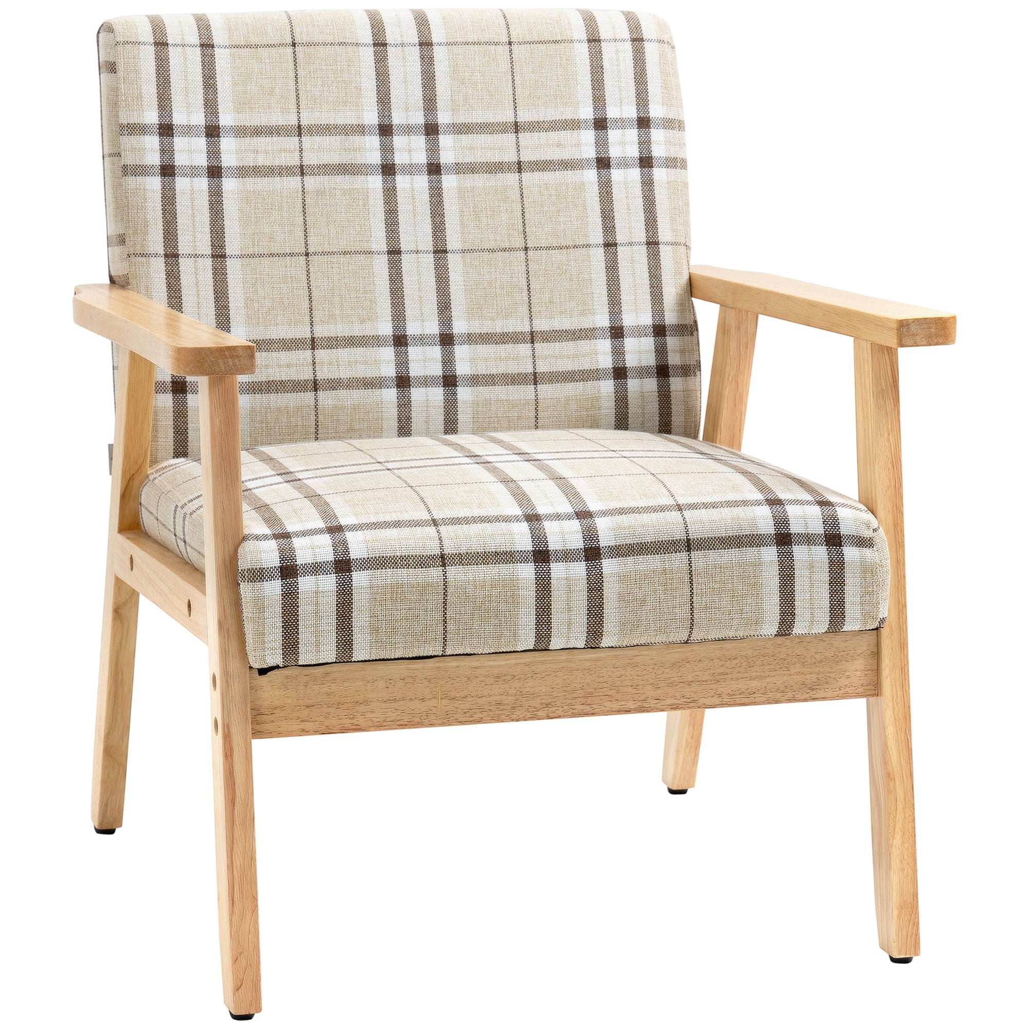 Linen Fabric One Seater Sofa with Rubber Wood Frame, Armrests, Lattice Pattern, Beige
