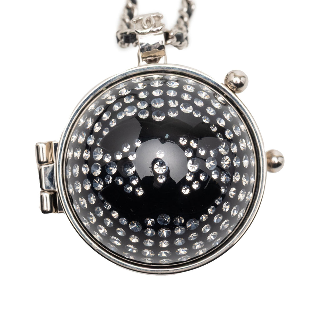CC Silver Plated Lambskin Woven Resin Crystal Mirror Ball Pendant Necklace