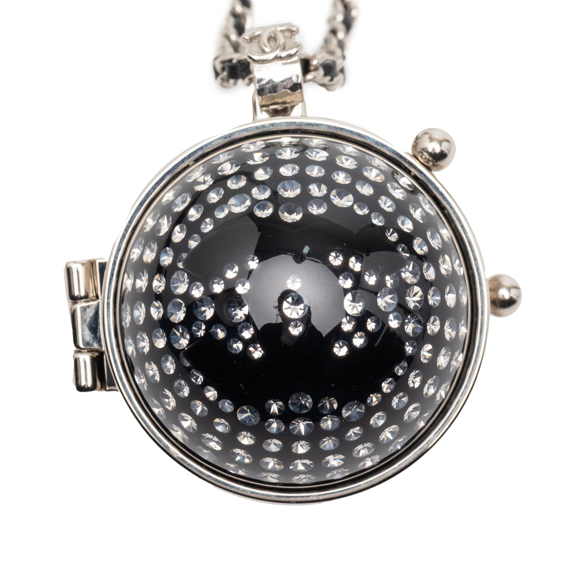 CC Silver Plated Lambskin Woven Resin Crystal Mirror Ball Pendant Necklace