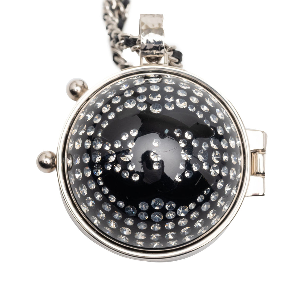 CC Silver Plated Lambskin Woven Resin Crystal Mirror Ball Pendant Necklace