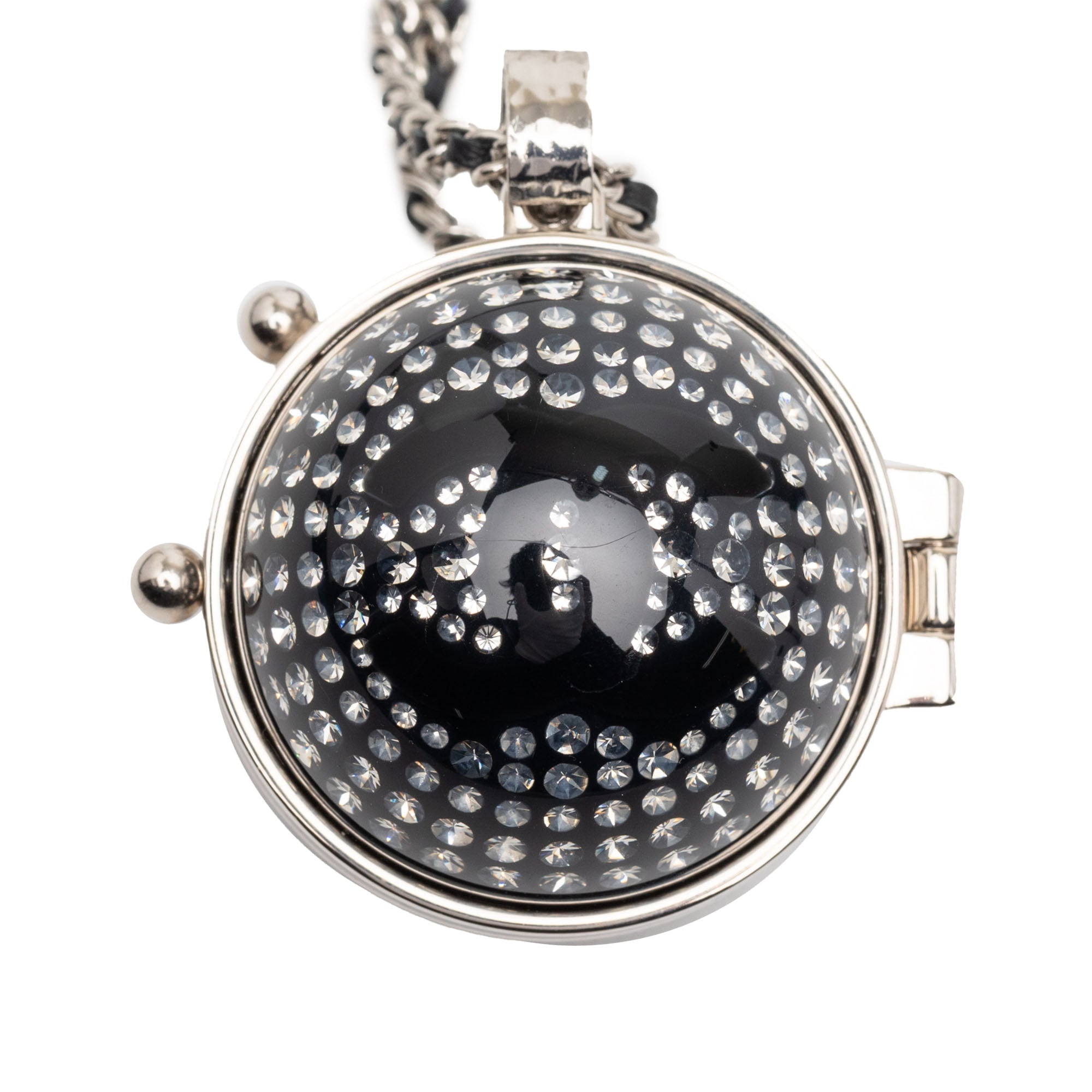 CC Silver Plated Lambskin Woven Resin Crystal Mirror Ball Pendant Necklace