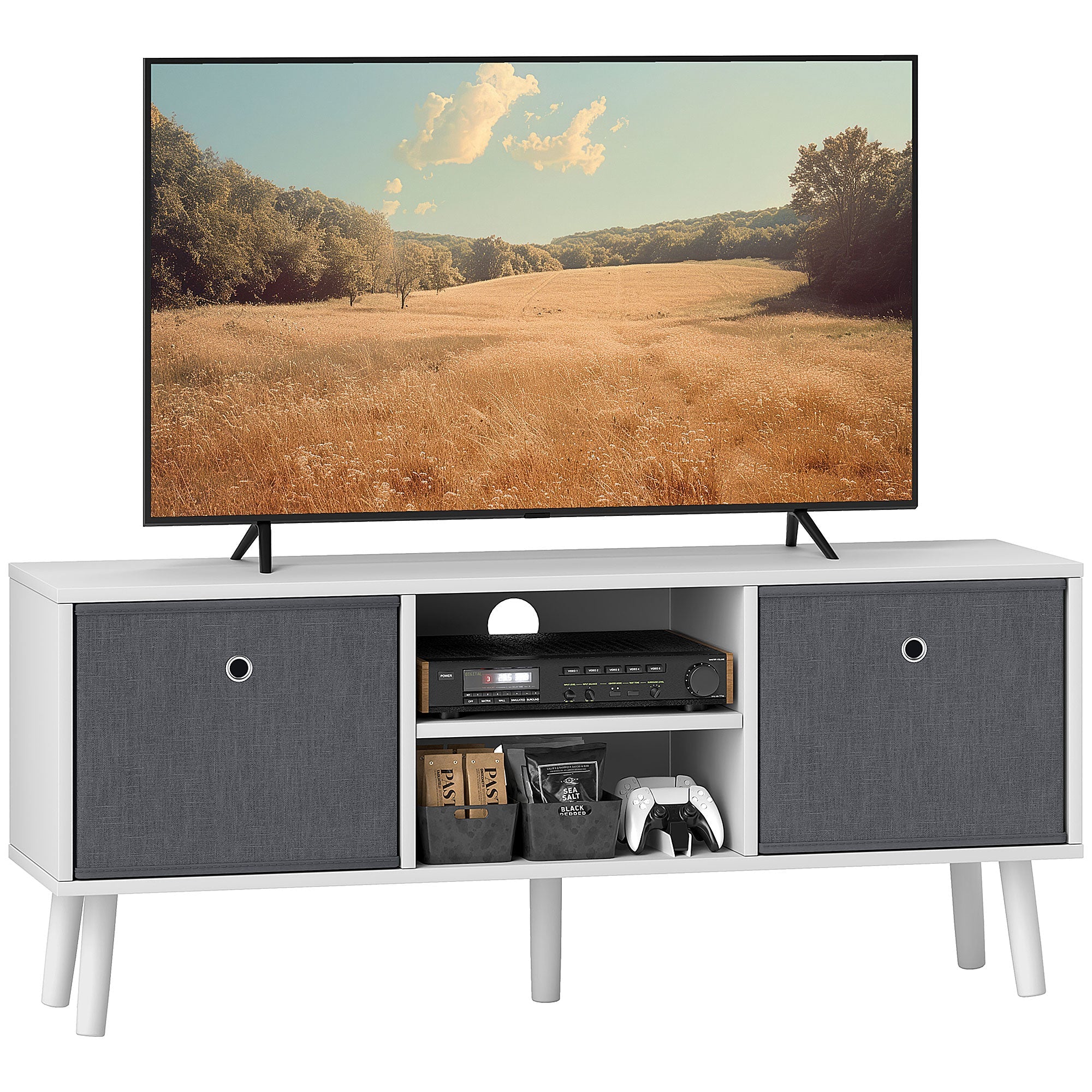 TV Stand for up to 50" TV with Fabric Drawers & Storage Shelves, White