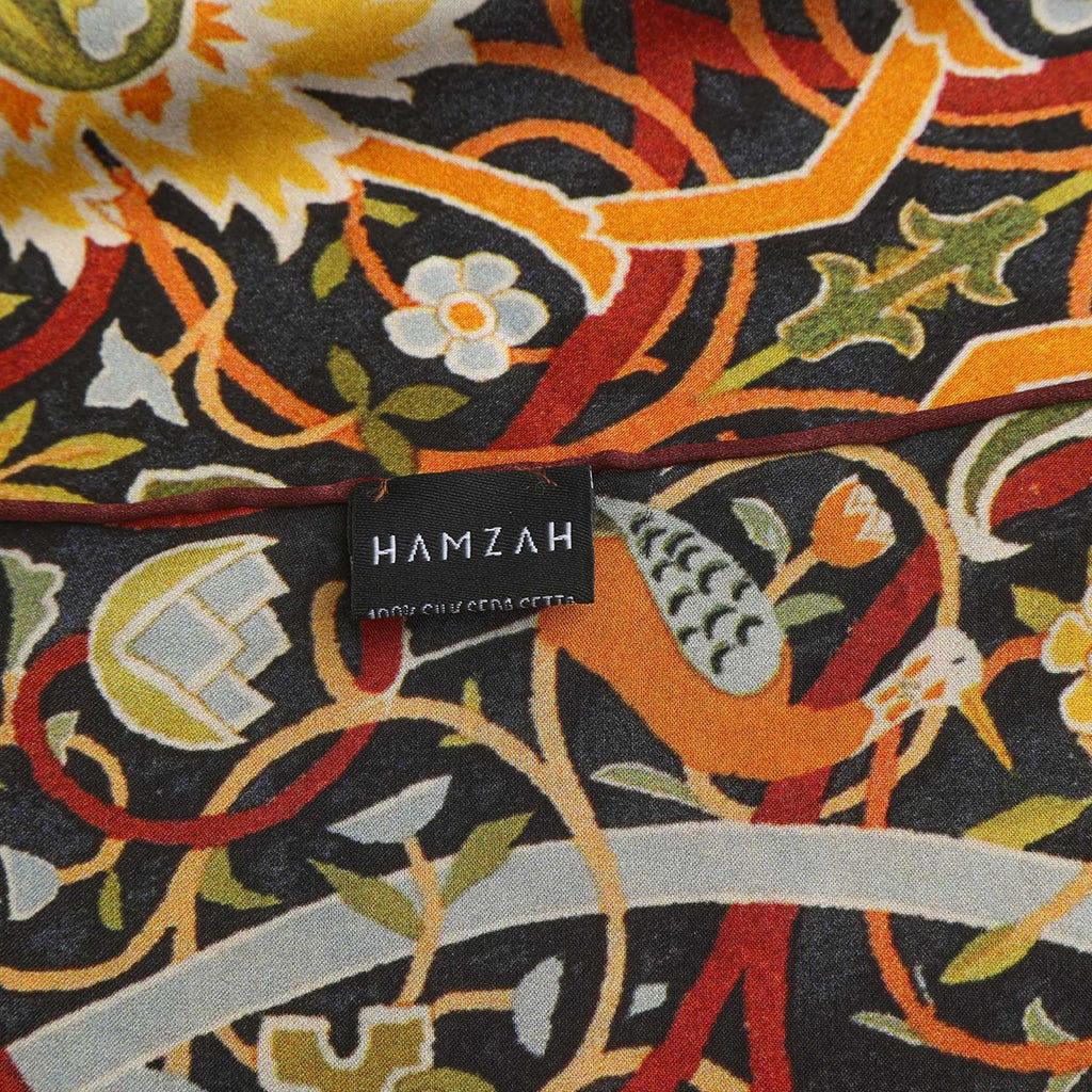 Vintage Floral Silk Scarf with Ornate Bird & Bloom Motifs