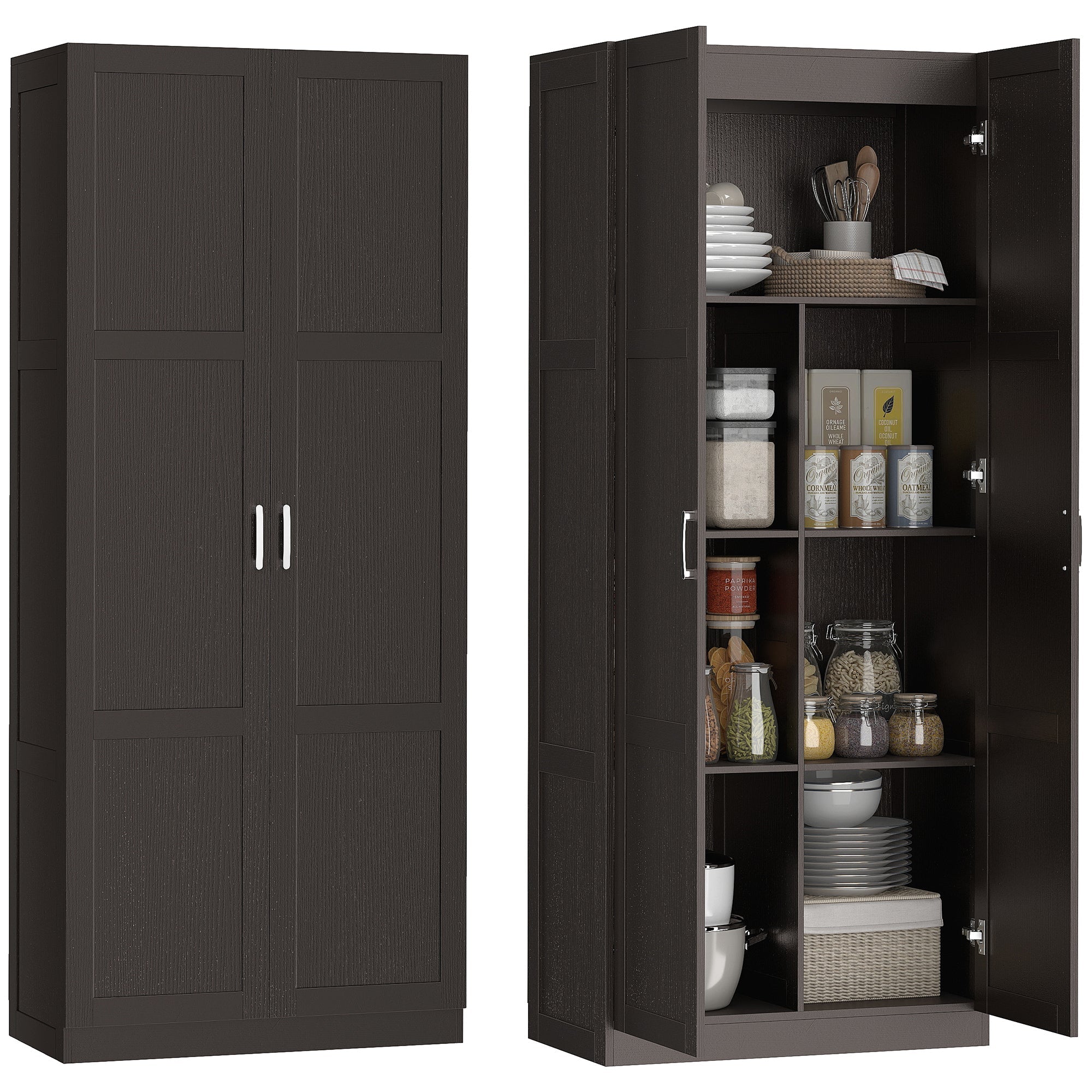 71" Tall White Kitchen Pantry Cabinet with Soft-Close Hinges & 4 Adjustable Shelves, Dark Brown