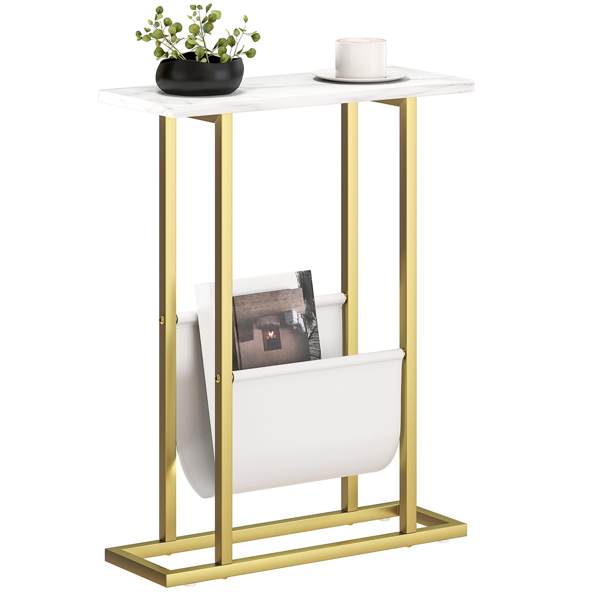 Narrow Side Table, Slim End Table with Magazine Holder, Modern Nightstand for Small Spaces, Living Room, Bedroom, 45 x 18 x 58.5 cm, White Marble Grain
