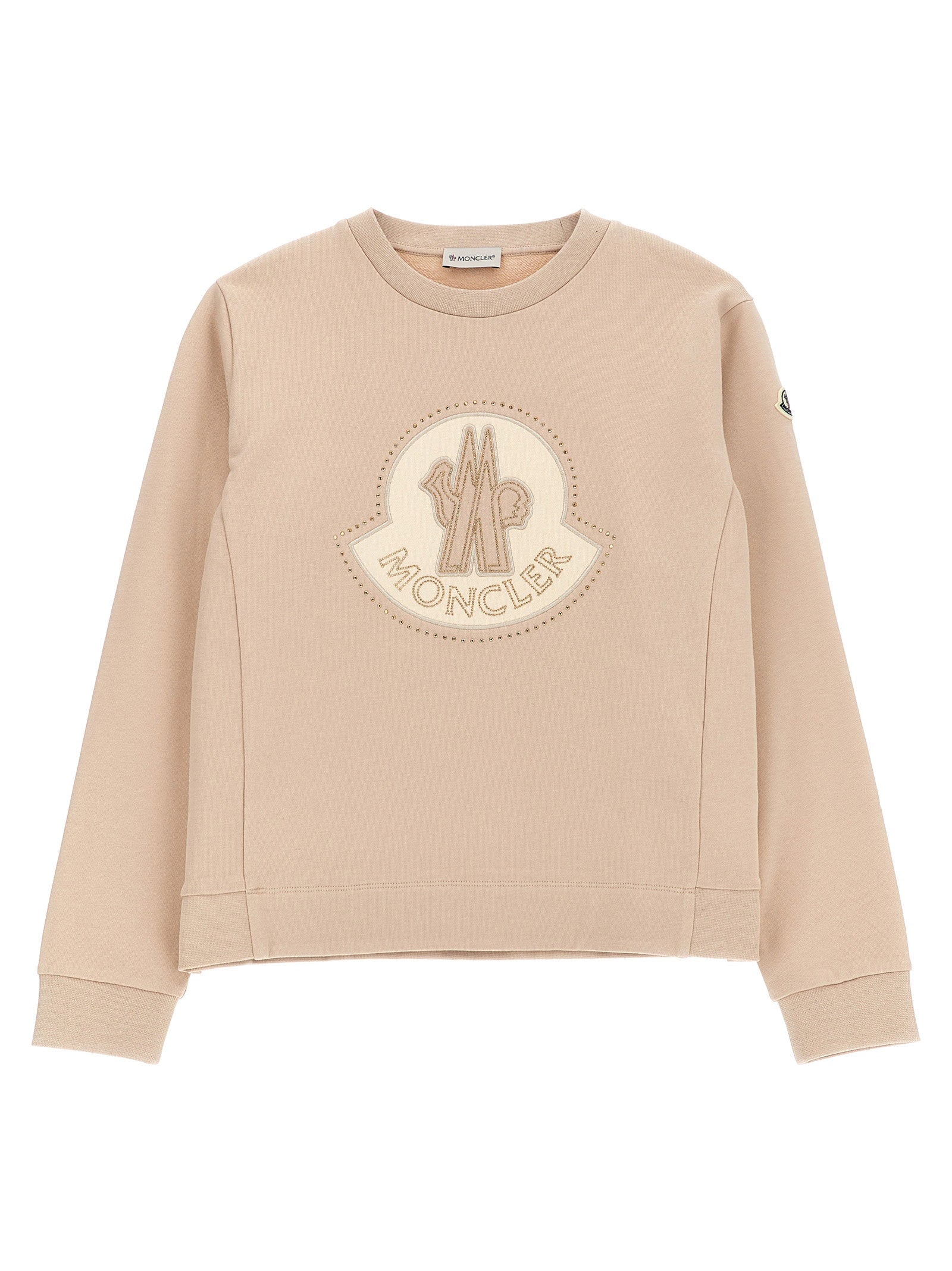 Moncler Enfant Logo-Embroidered Rhinestone Sweatshirt — Beige