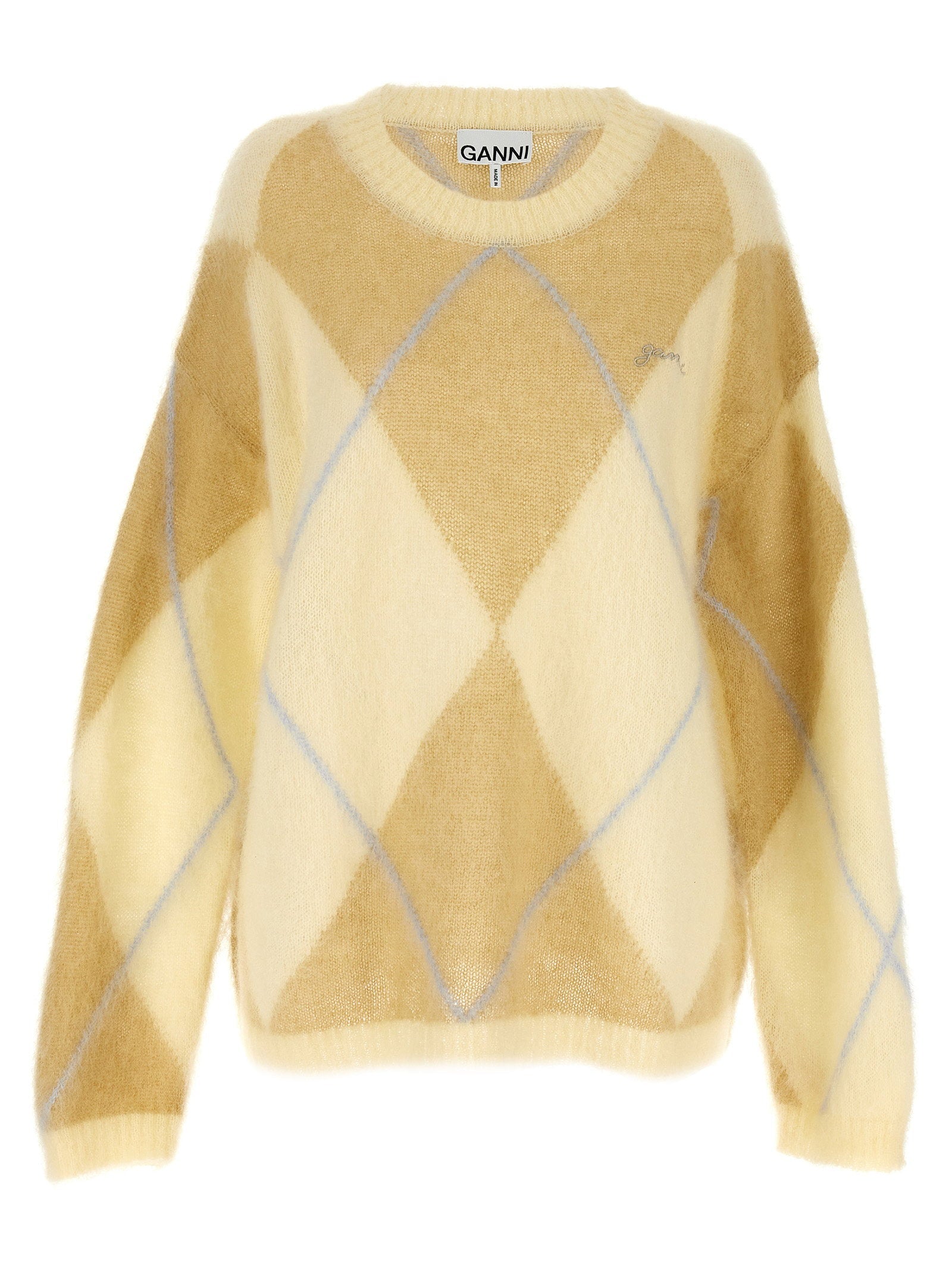 Ganni Argyle Mohair Blend Sweater — Cream