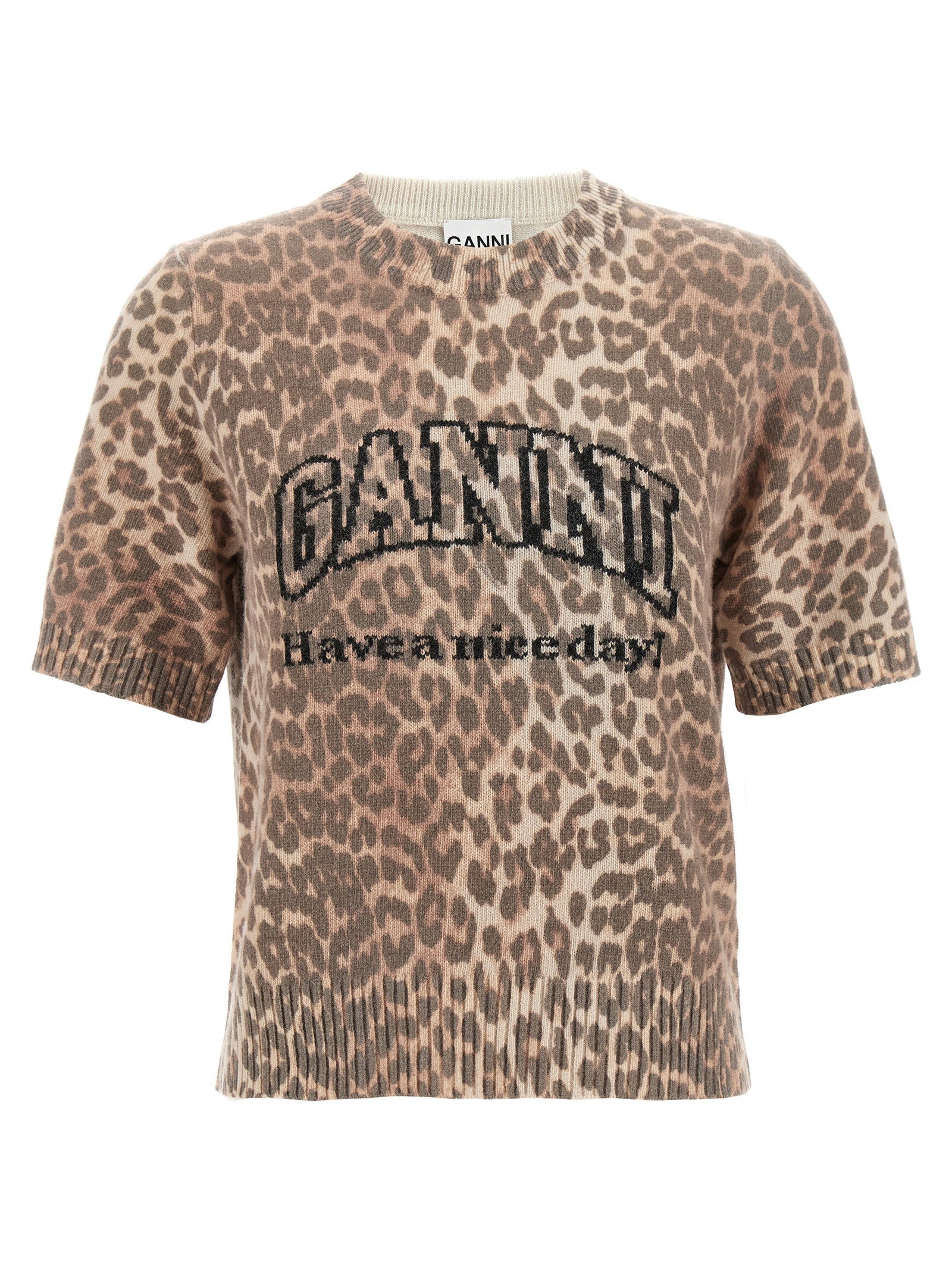 Ganni Leopard-Print Recycled Wool Mix T-shirt — Beige