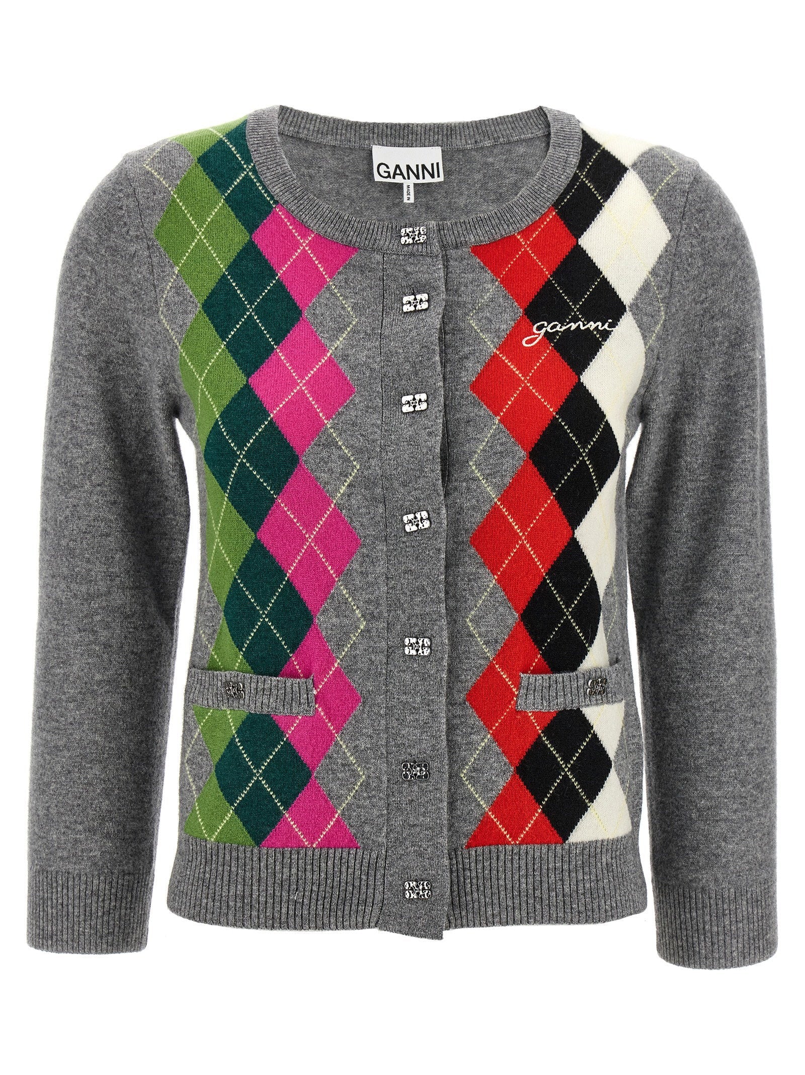 Ganni Argyle-Patterned Cardigan — Grey