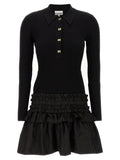 Ganni Ribbed Knit Flounced Dress — Black