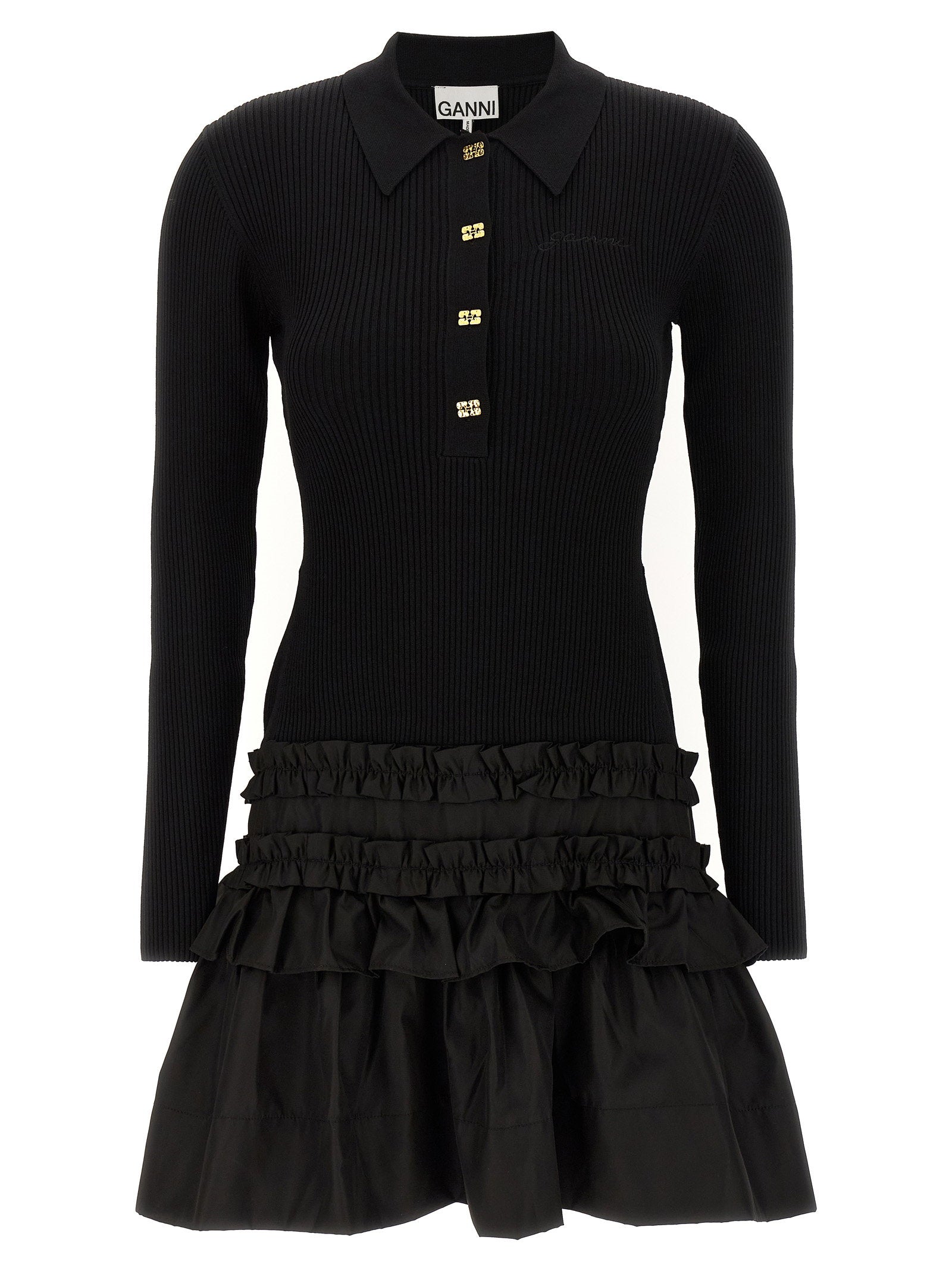 Ganni Ribbed Knit Flounced Dress — Black