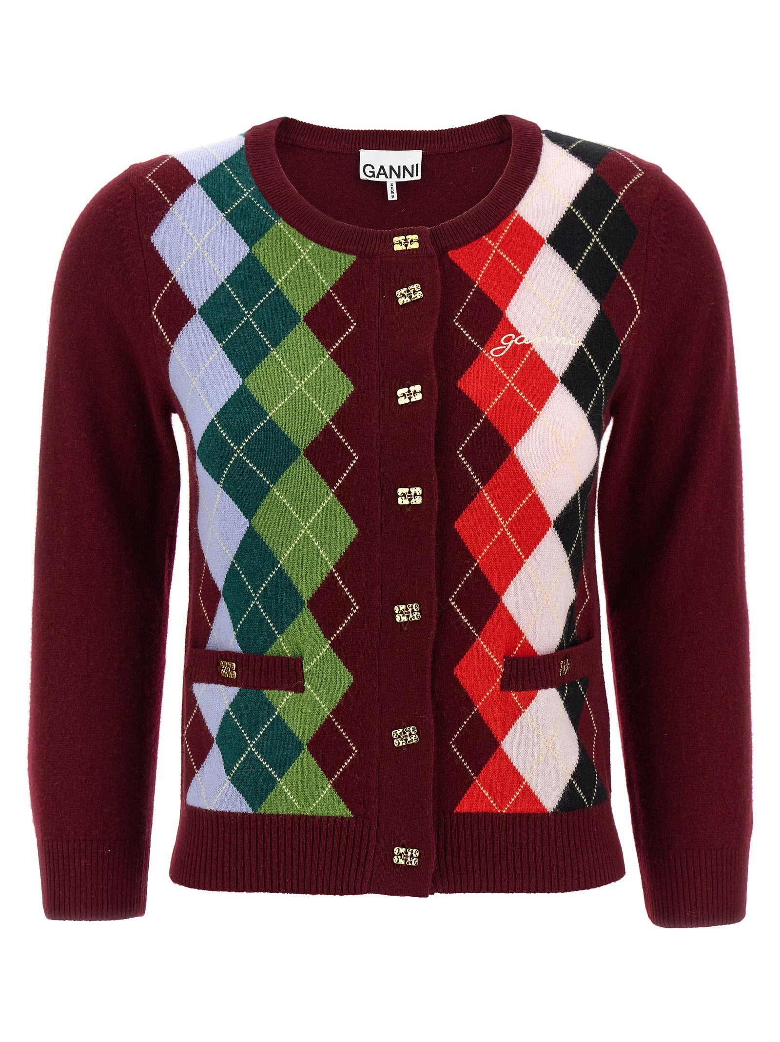 Ganni Argyle-Patterned Merino Wool & Cashmere Cardigan — Burgundy
