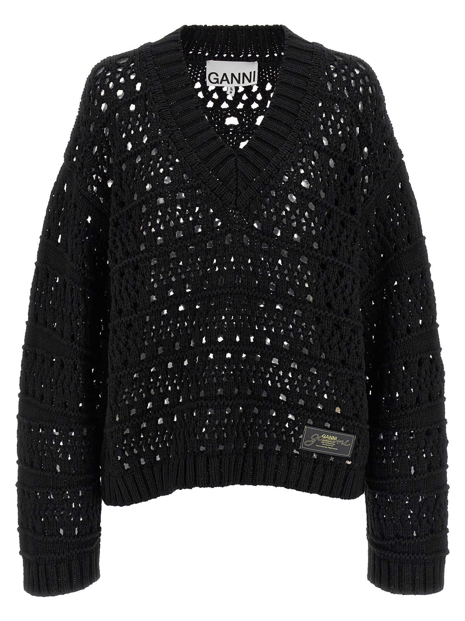 Ganni Openwork Crochet Sweater — Black