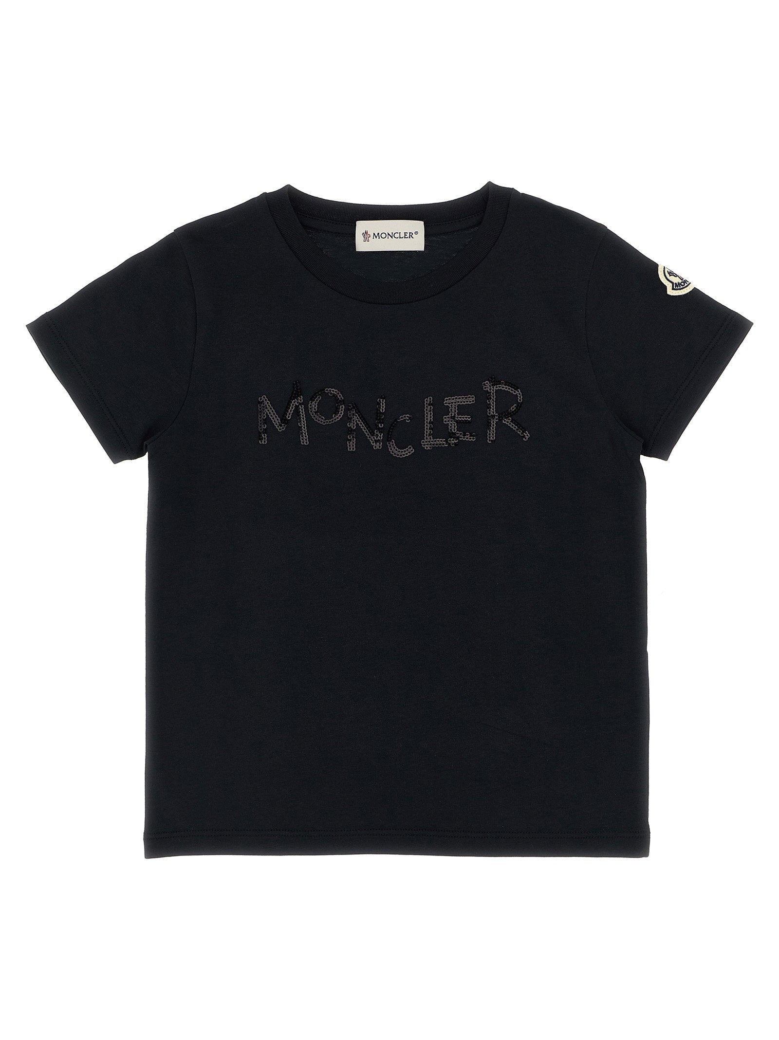 Moncler Enfant Sequin-Logo Cotton T-Shirt — Black